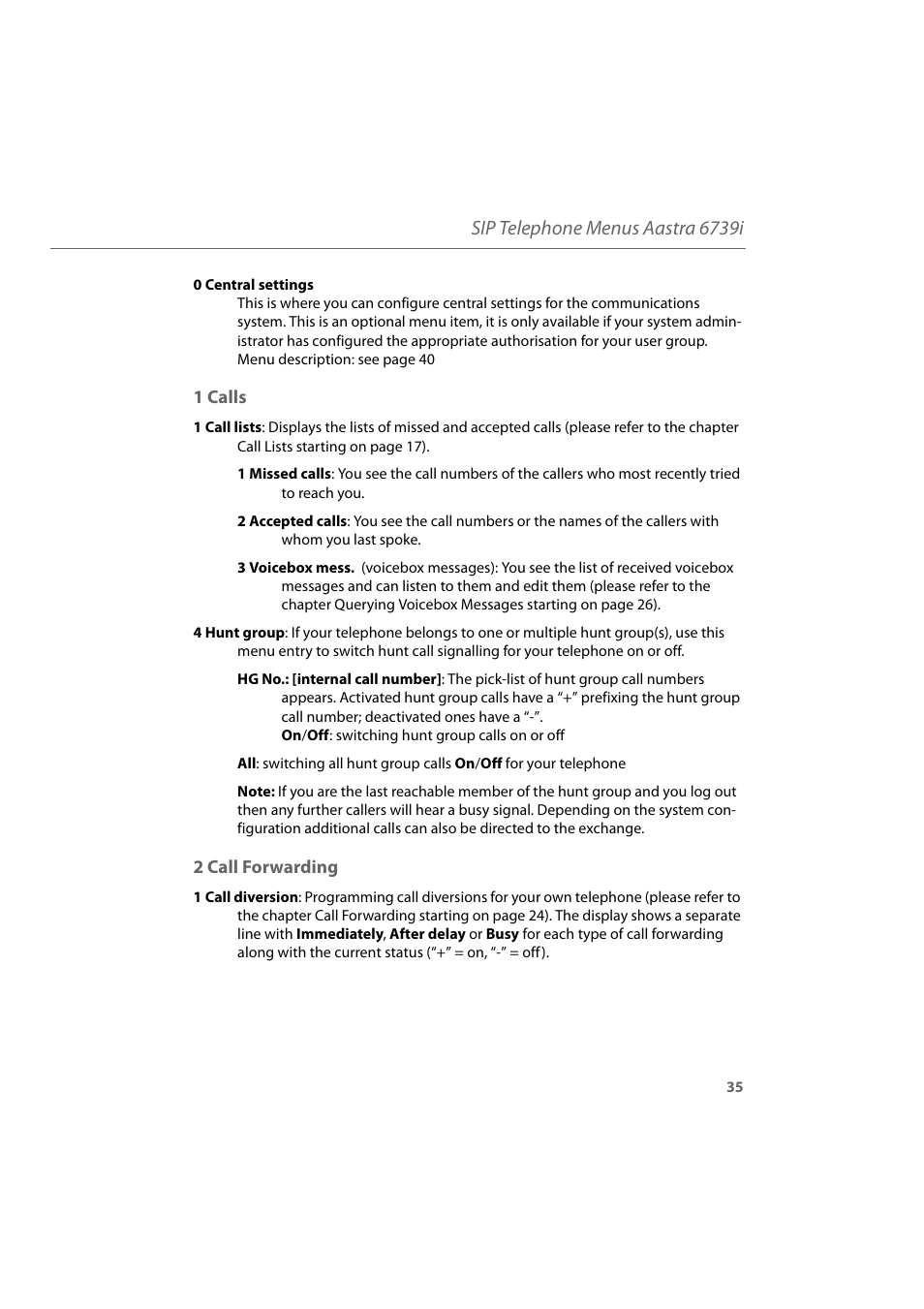 1 calls, 2 call forwarding, 1 calls 2 call forwarding | Sip telephone menus aastra 6739i | AASTRA 6739i for Aastra 800 and OpenCom 100 User Guide EN User Manual | Page 37 / 56