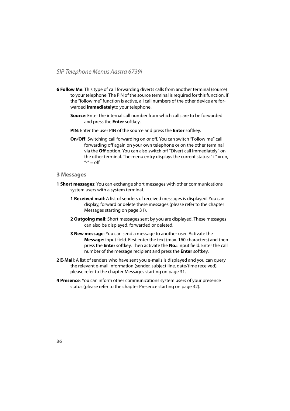 3 messages, Sip telephone menus aastra 6739i | AASTRA 6739i for Aastra 800 and OpenCom 100 User Guide EN User Manual | Page 38 / 56