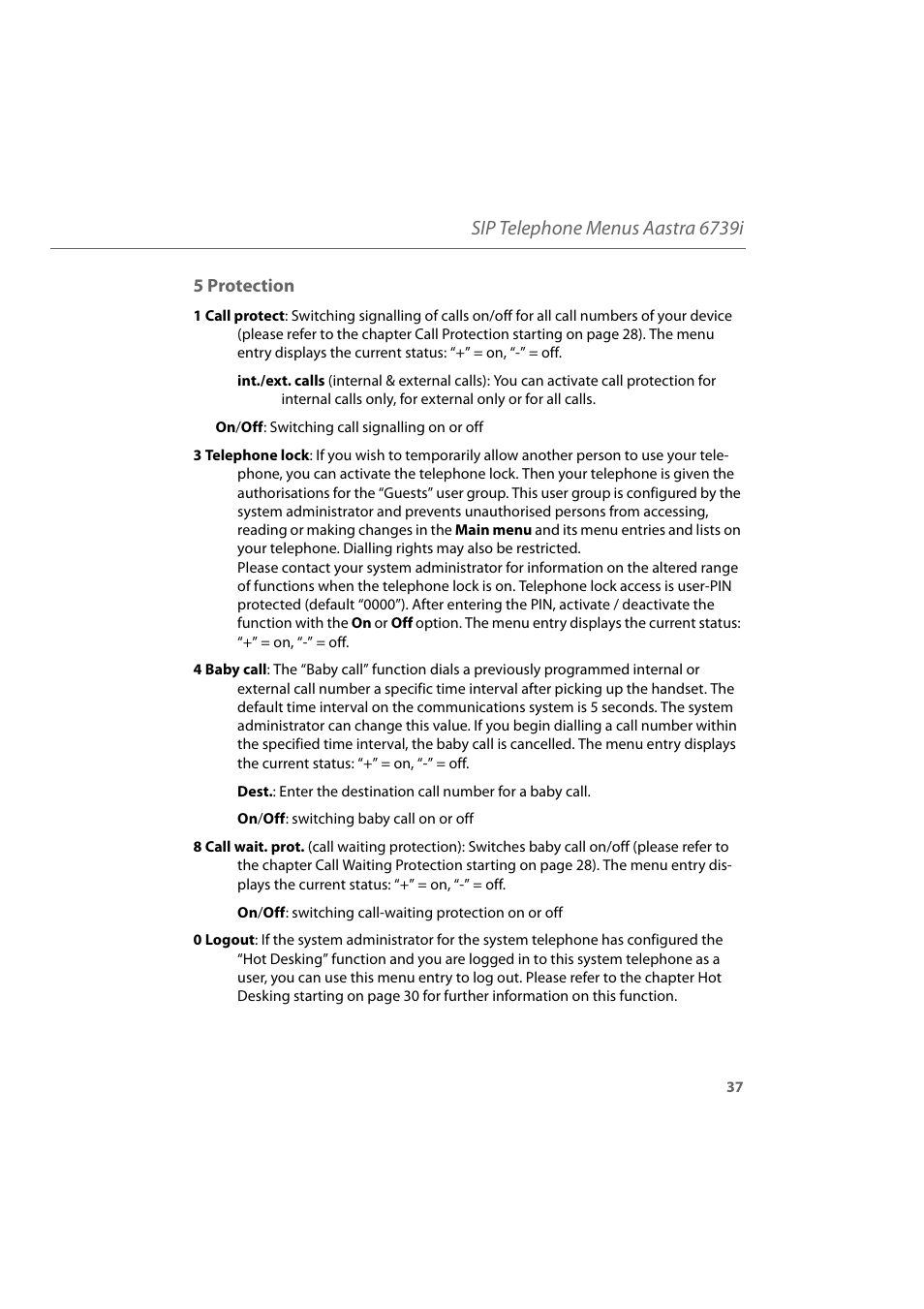 5 protection, Sip telephone menus aastra 6739i | AASTRA 6739i for Aastra 800 and OpenCom 100 User Guide EN User Manual | Page 39 / 56