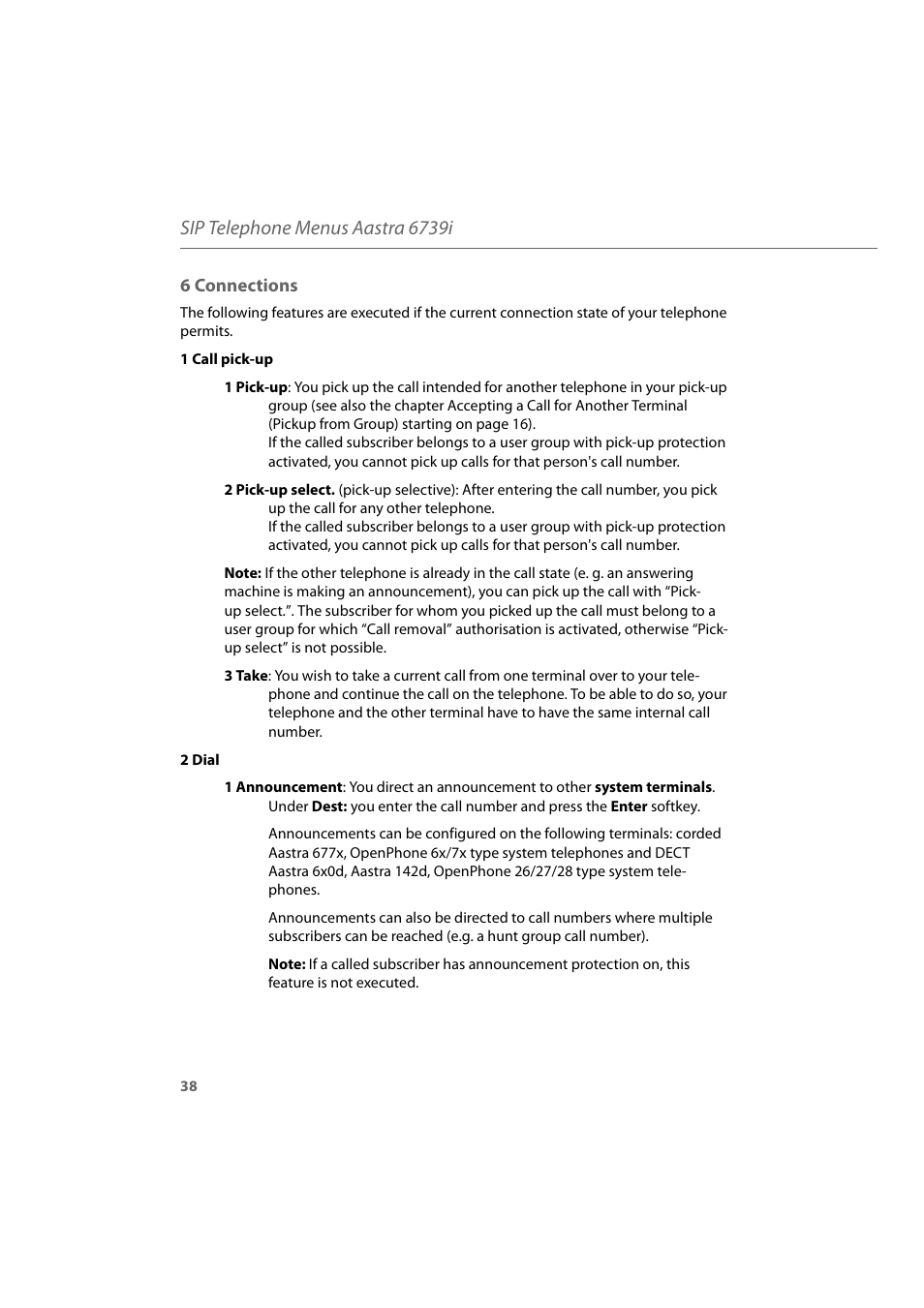 6 connections, Sip telephone menus aastra 6739i | AASTRA 6739i for Aastra 800 and OpenCom 100 User Guide EN User Manual | Page 40 / 56