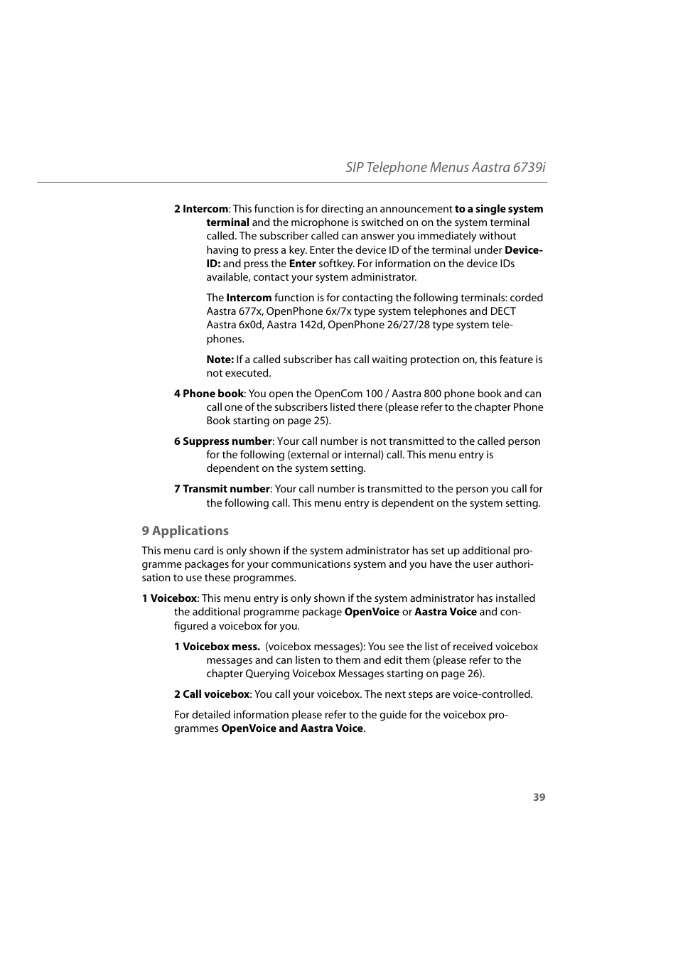 9 applications, Sip telephone menus aastra 6739i | AASTRA 6739i for Aastra 800 and OpenCom 100 User Guide EN User Manual | Page 41 / 56