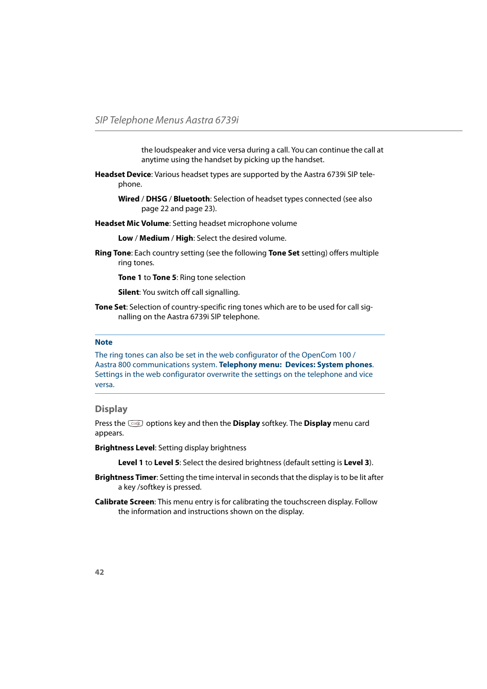 Display, Sip telephone menus aastra 6739i | AASTRA 6739i for Aastra 800 and OpenCom 100 User Guide EN User Manual | Page 44 / 56