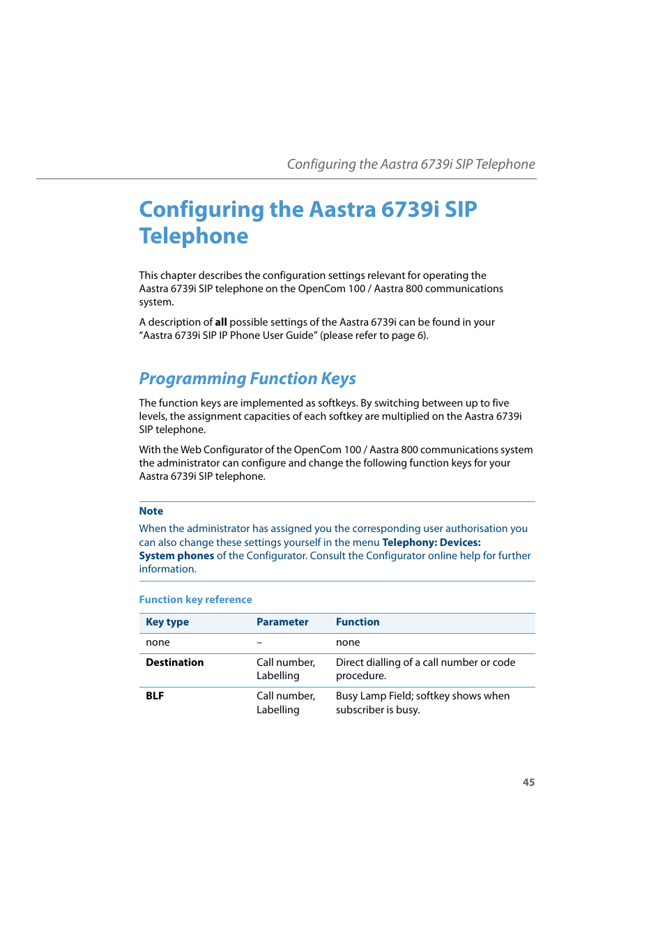 Configuring the aastra 6739i sip telephone, Programming function keys | AASTRA 6739i for Aastra 800 and OpenCom 100 User Guide EN User Manual | Page 47 / 56