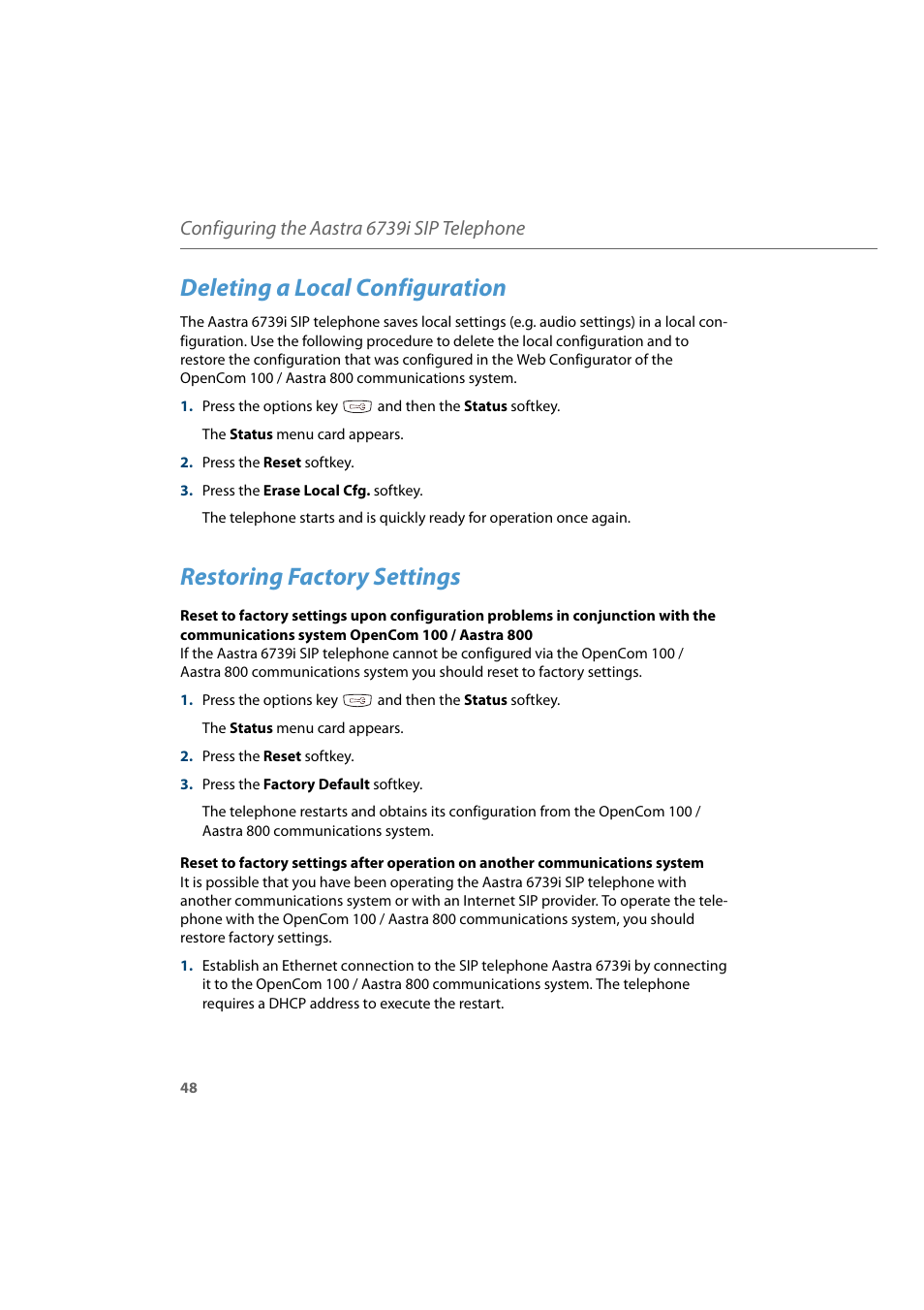 Deleting a local configuration, Restoring factory settings, Configuring the aastra 6739i sip telephone | AASTRA 6739i for Aastra 800 and OpenCom 100 User Guide EN User Manual | Page 50 / 56