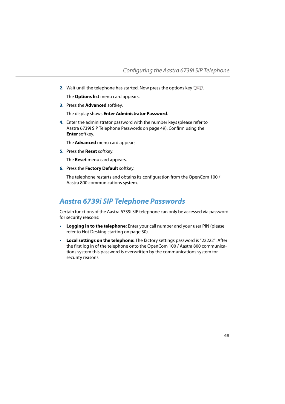 Aastra 6739i sip telephone passwords, Configuring the aastra 6739i sip telephone | AASTRA 6739i for Aastra 800 and OpenCom 100 User Guide EN User Manual | Page 51 / 56