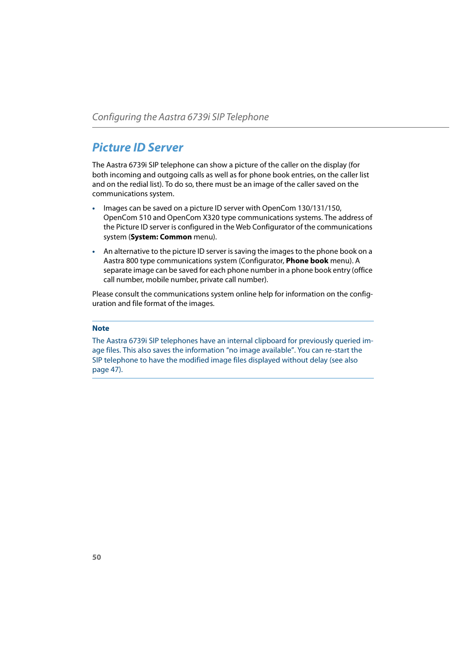 Picture id server, Configuring the aastra 6739i sip telephone | AASTRA 6739i for Aastra 800 and OpenCom 100 User Guide EN User Manual | Page 52 / 56