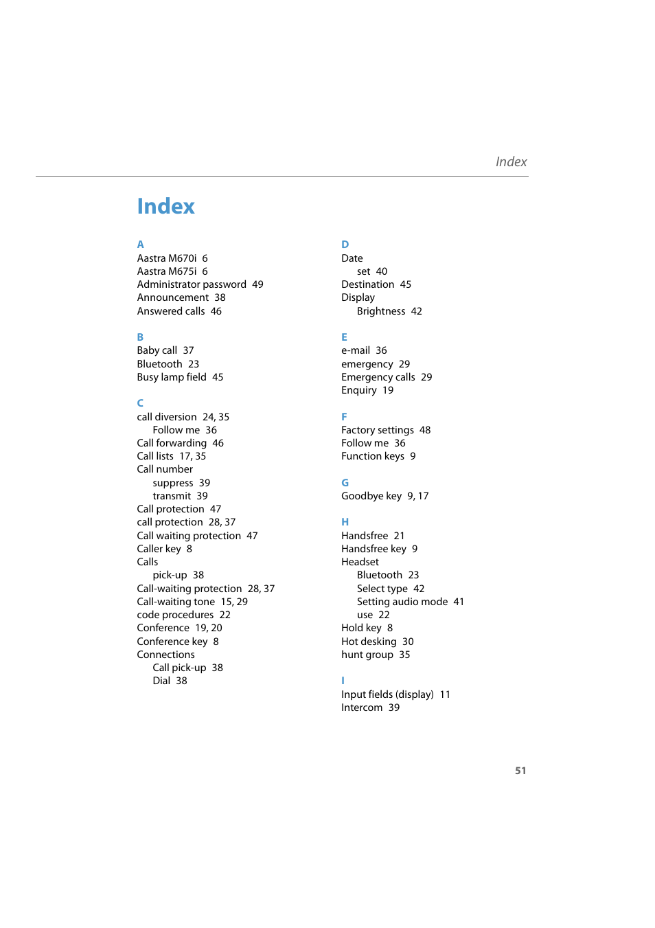 Index | AASTRA 6739i for Aastra 800 and OpenCom 100 User Guide EN User Manual | Page 53 / 56