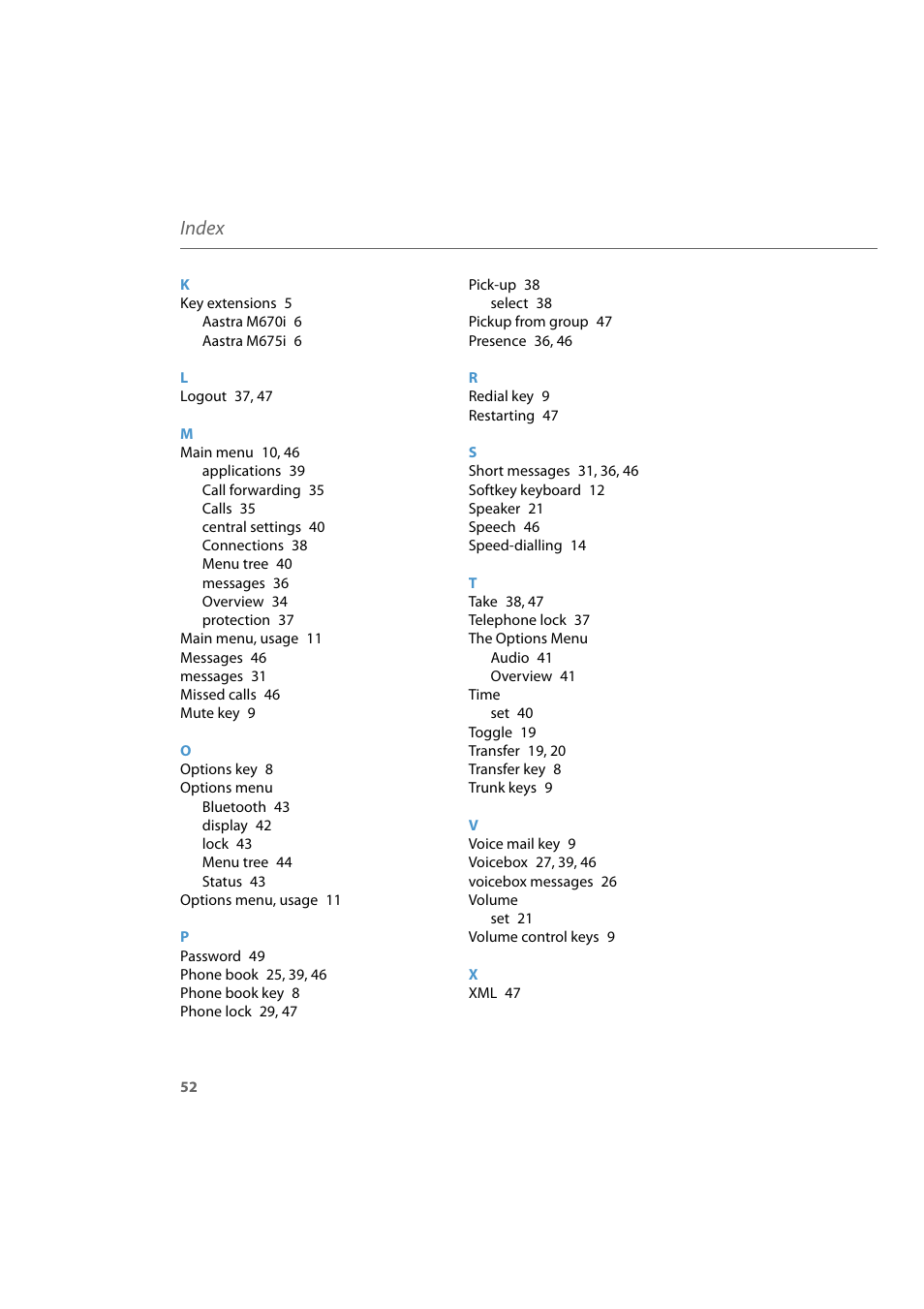 Index | AASTRA 6739i for Aastra 800 and OpenCom 100 User Guide EN User Manual | Page 54 / 56