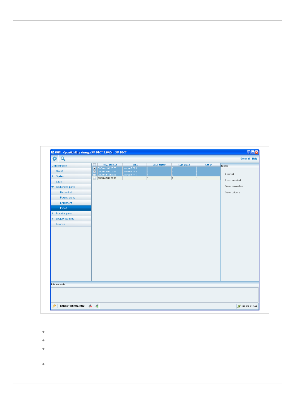 4 “export” menu, Export” menu | AASTRA SIP-DECT (Release 3.0)- OM System Manual - Installation, Administration and Maintenance EN User Manual | Page 125 / 241