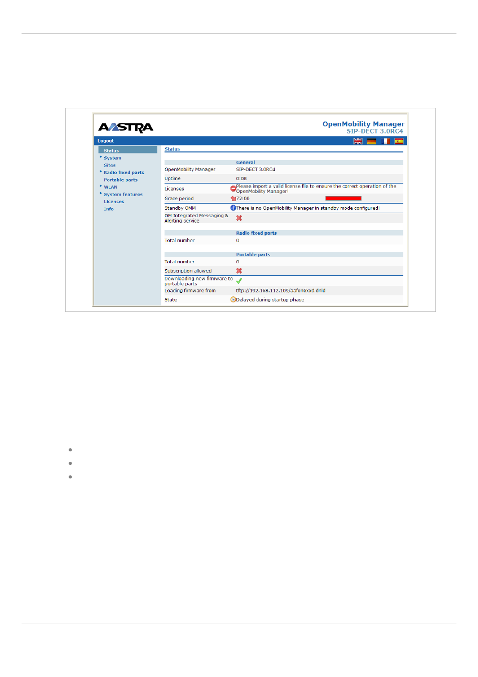 3 “status” menu, 4 “system” menu, 1 “system settings” menu | Tatus, Ystem, System settings” menu | AASTRA SIP-DECT (Release 3.0)- OM System Manual - Installation, Administration and Maintenance EN User Manual | Page 45 / 241