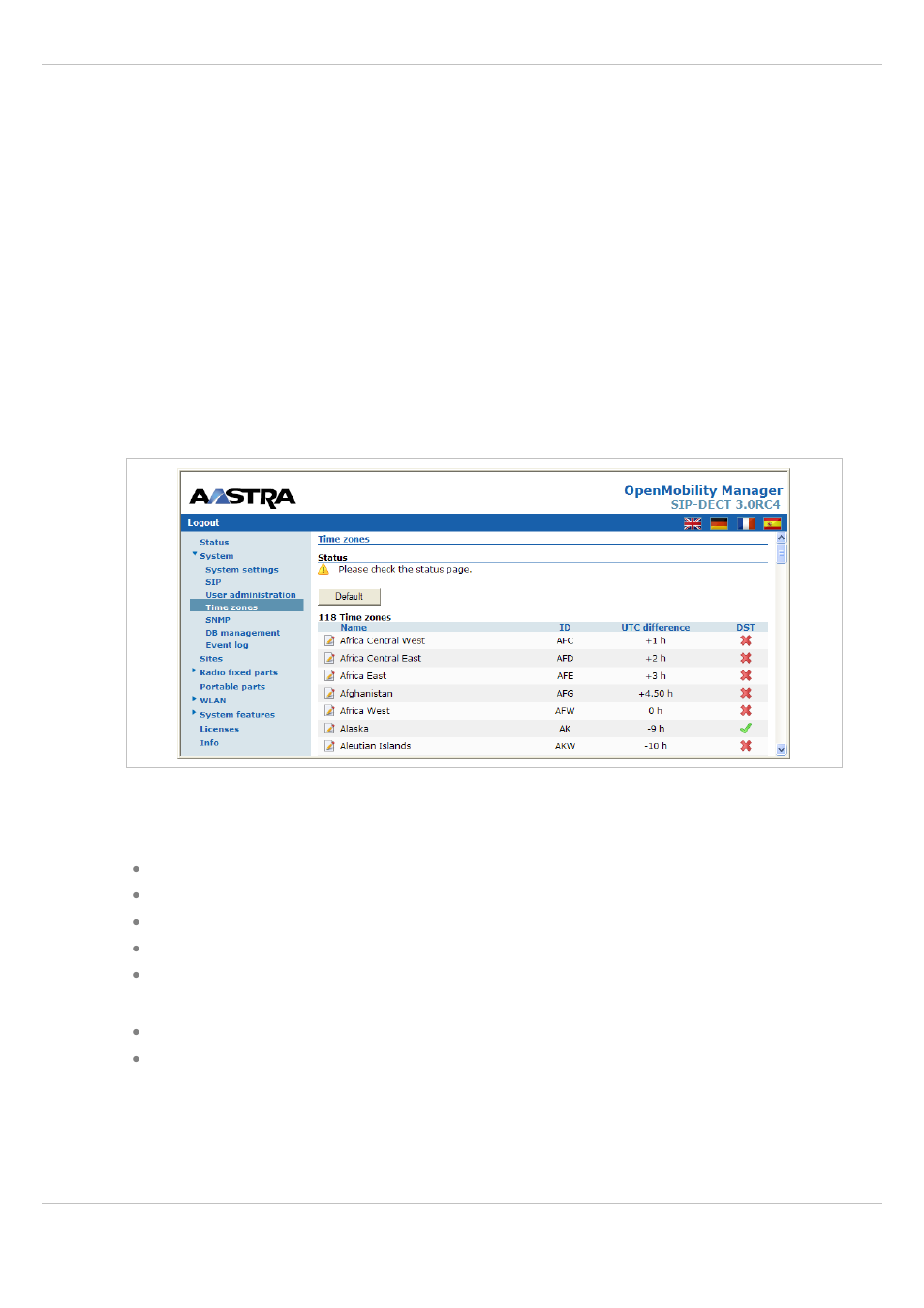 4 “time zones” menu, Time zones” menu | AASTRA SIP-DECT (Release 3.0)- OM System Manual - Installation, Administration and Maintenance EN User Manual | Page 55 / 241