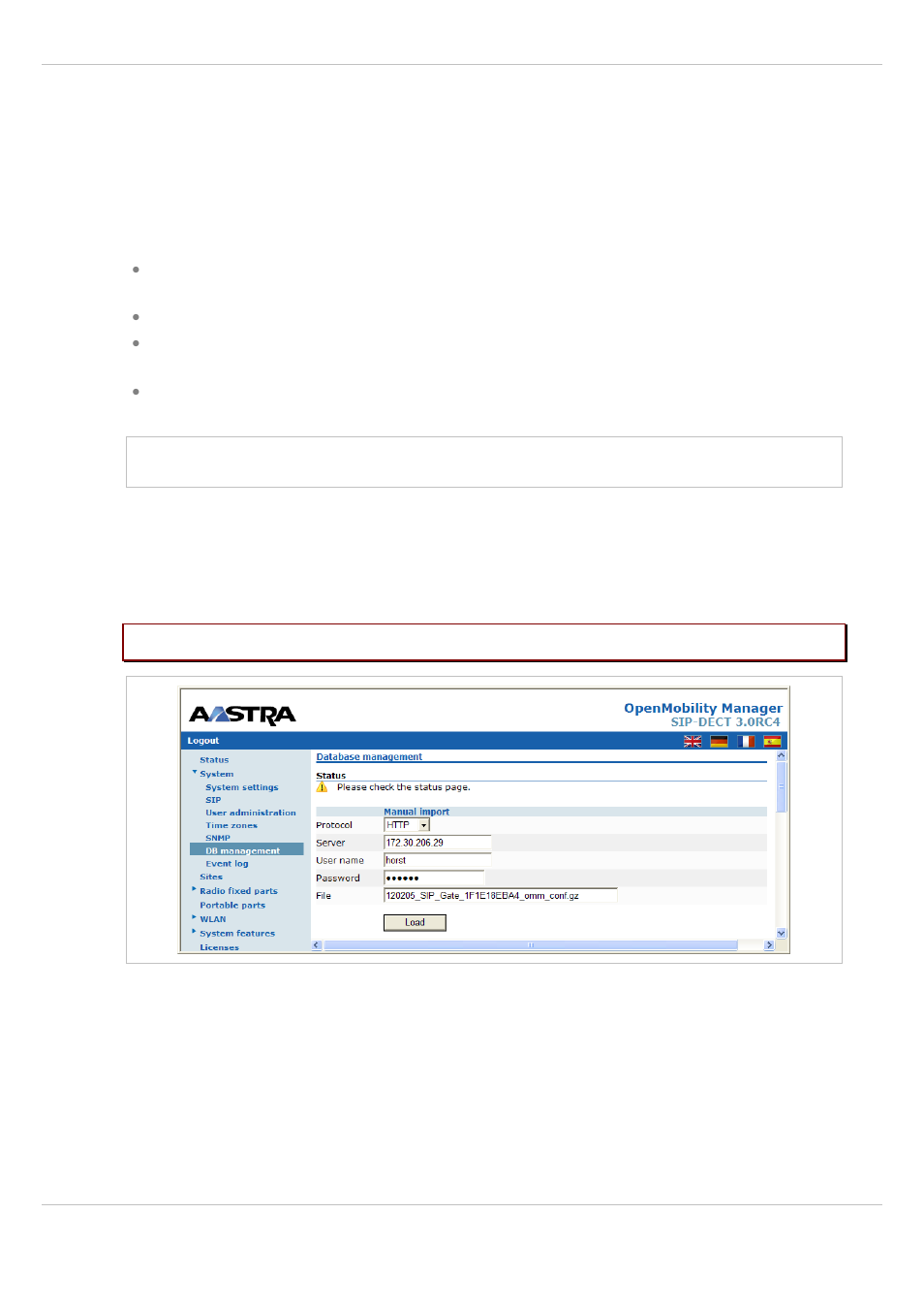 6 “db management” menu, 1 manual database import, Db management” menu | Manual database import | AASTRA SIP-DECT (Release 3.0)- OM System Manual - Installation, Administration and Maintenance EN User Manual | Page 58 / 241