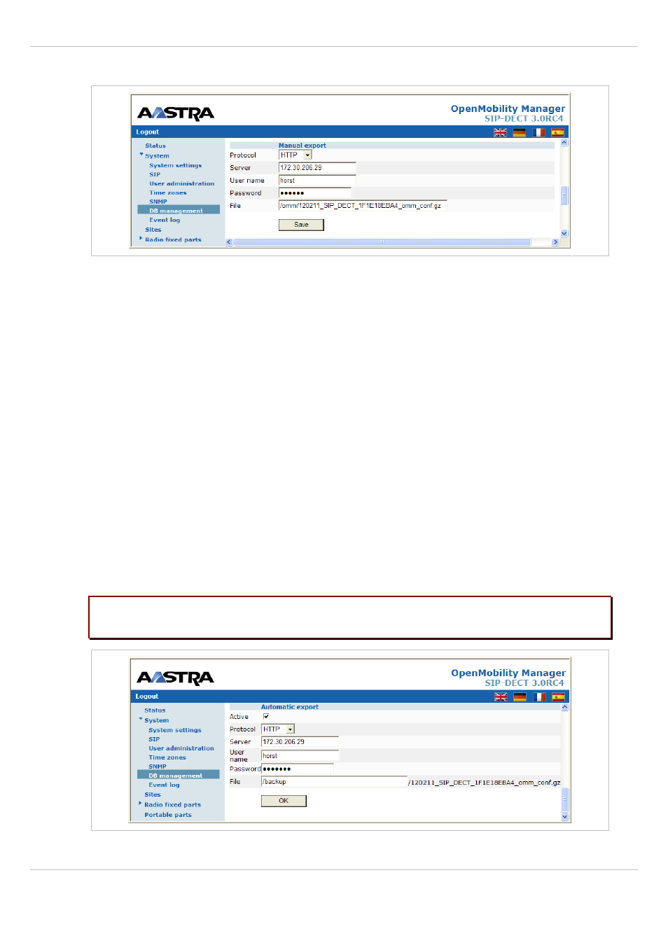 3 manual database export, 4 automatic database export, Manual database export | Automatic database export | AASTRA SIP-DECT (Release 3.0)- OM System Manual - Installation, Administration and Maintenance EN User Manual | Page 61 / 241