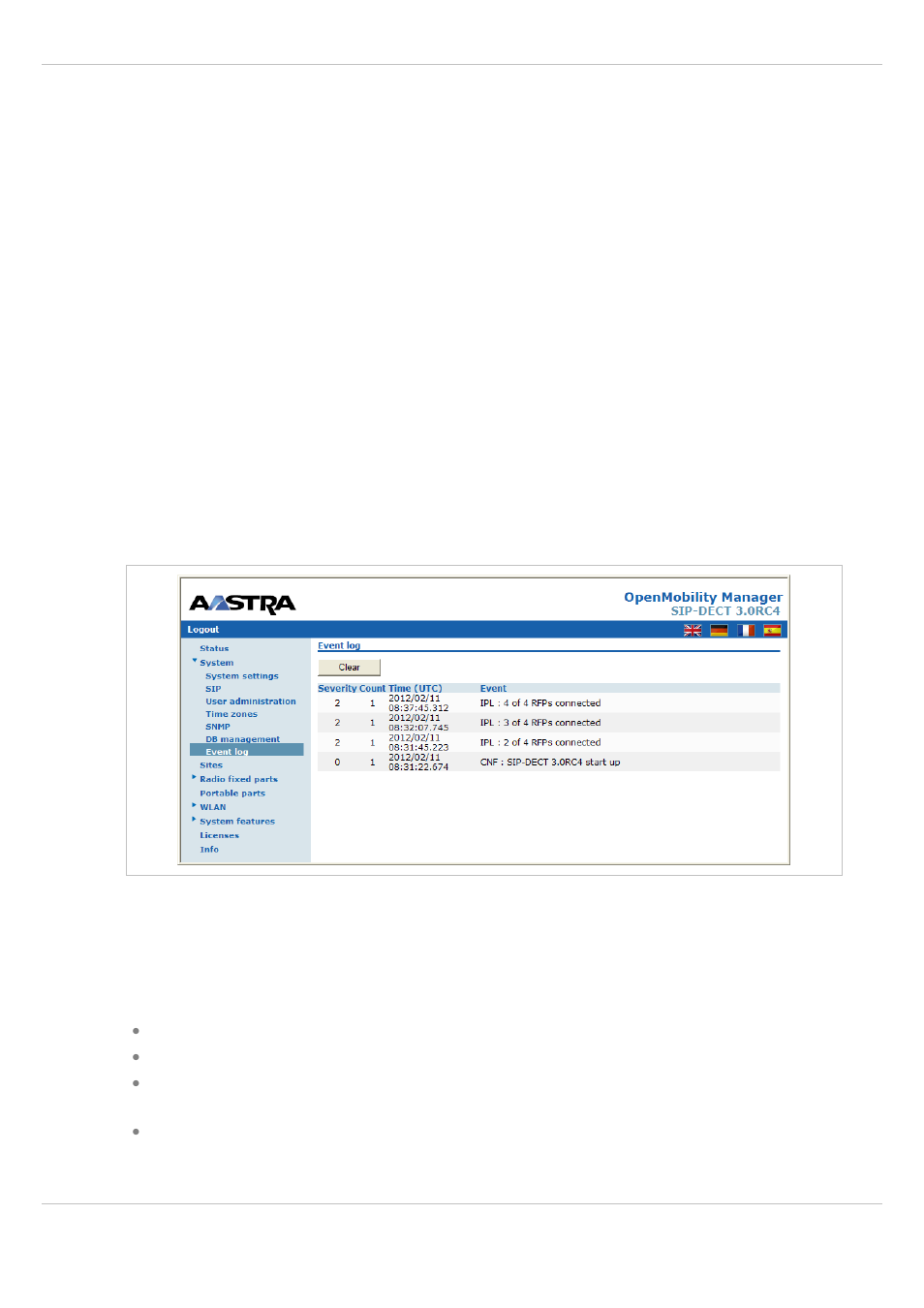 7 “event log” menu, 5 “sites” menu, Event log” menu | Ites | AASTRA SIP-DECT (Release 3.0)- OM System Manual - Installation, Administration and Maintenance EN User Manual | Page 62 / 241