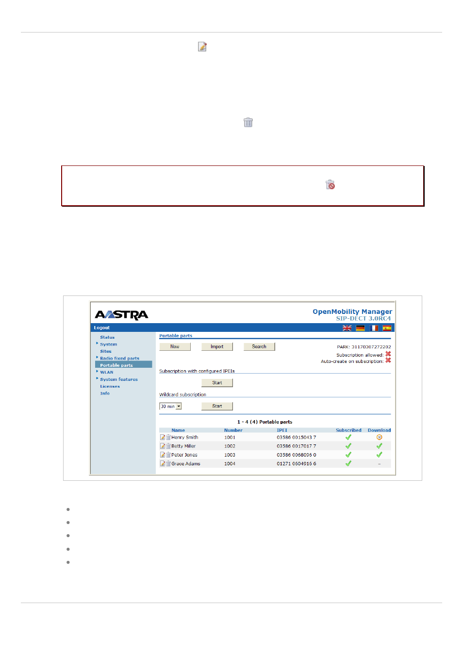 6 deleting rfps, 7 “portable parts” menu, Deleting rfps | Ortable parts | AASTRA SIP-DECT (Release 3.0)- OM System Manual - Installation, Administration and Maintenance EN User Manual | Page 72 / 241