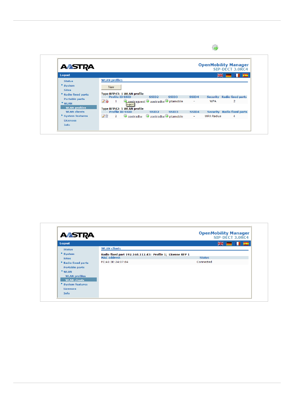 3 exporting wlan profiles, 2 “wlan clients” menu, 9 “system features” menu | Exporting wlan profiles, Wlan clients” menu, Ystem features | AASTRA SIP-DECT (Release 3.0)- OM System Manual - Installation, Administration and Maintenance EN User Manual | Page 88 / 241