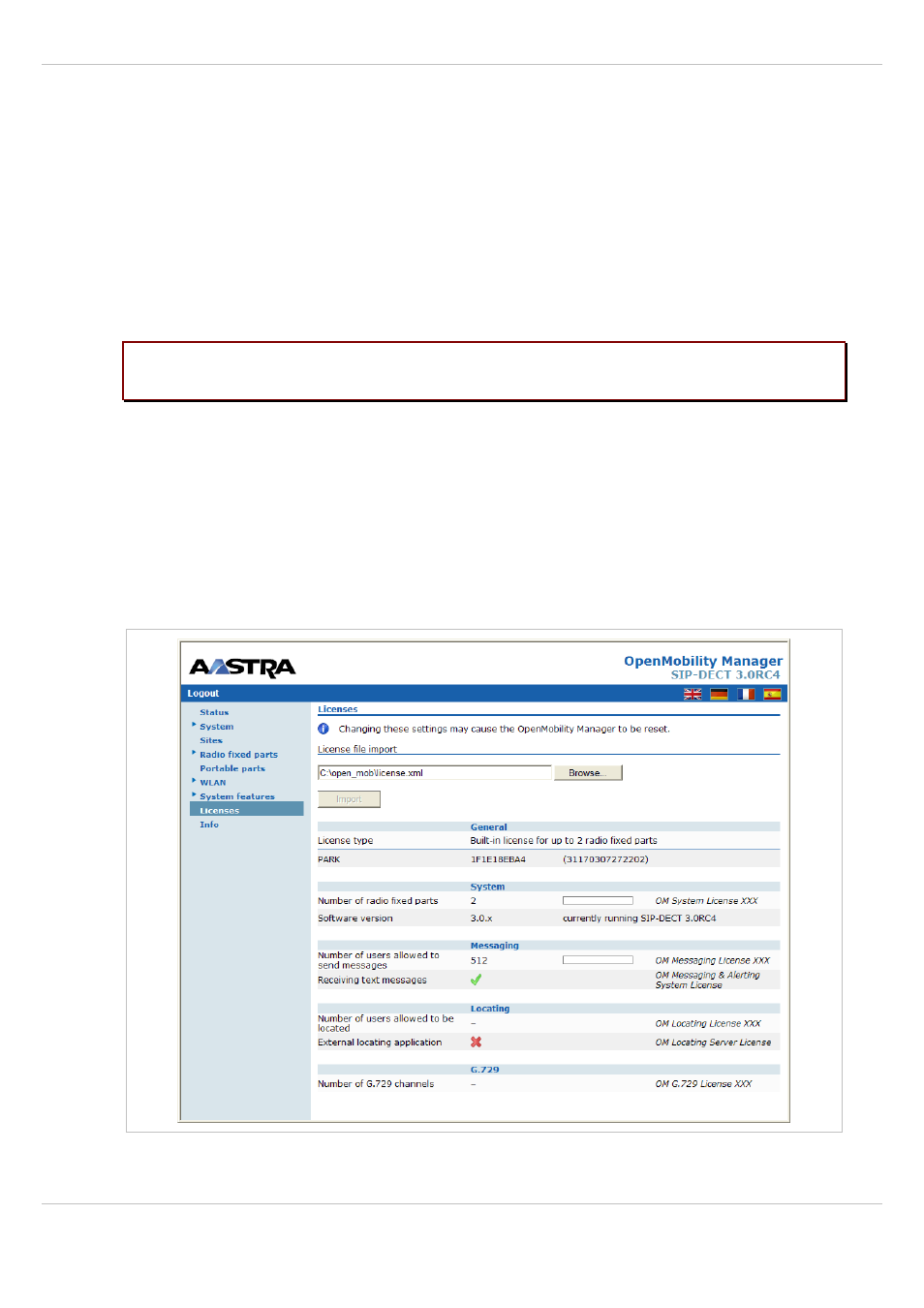 10 “licenses” menu, Icenses | AASTRA SIP-DECT (Release 3.0)- OM System Manual - Installation, Administration and Maintenance EN User Manual | Page 94 / 241