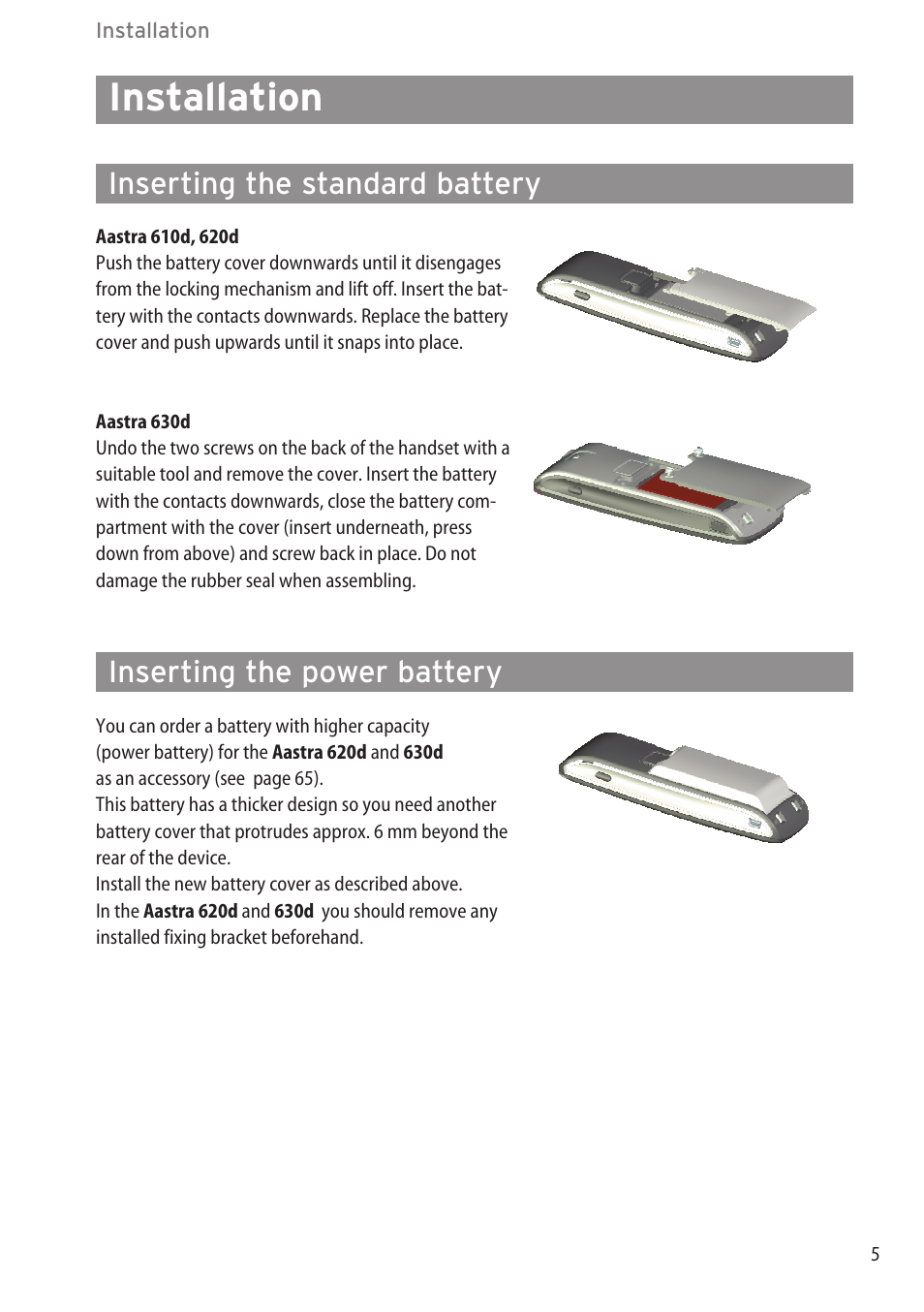 Installation, Inserting the standard battery, Inserting the power battery | AASTRA 600d (GAP) User Manual EN User Manual | Page 11 / 80