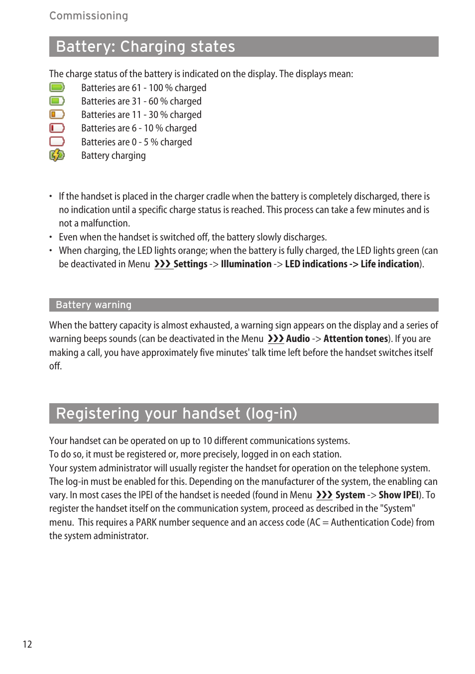 Battery: charging states, Battery warning, Registering your handset (log-in) | Battery warning ………………………………………………………………………12 | AASTRA 600d (GAP) User Manual EN User Manual | Page 18 / 80