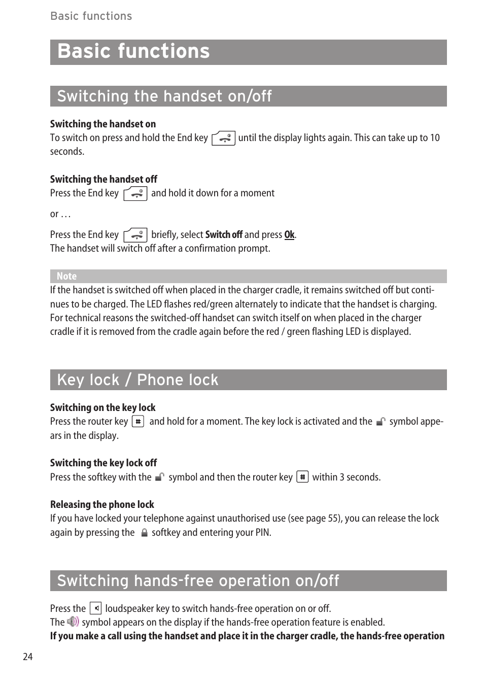 Basic functions, Switching the handset on/off, Key lock / phone lock | Switching hands-free operation on/off | AASTRA 600d (GAP) User Manual EN User Manual | Page 30 / 80