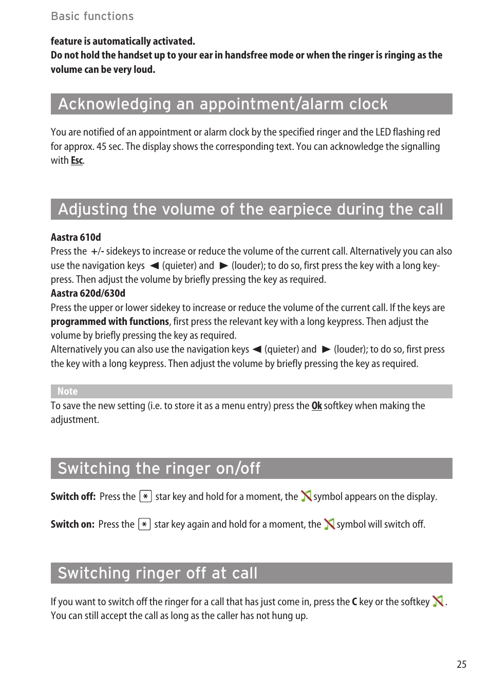 Acknowledging an appointment/alarm clock, Switching the ringer on/off, Switching ringer off at call | AASTRA 600d (GAP) User Manual EN User Manual | Page 31 / 80