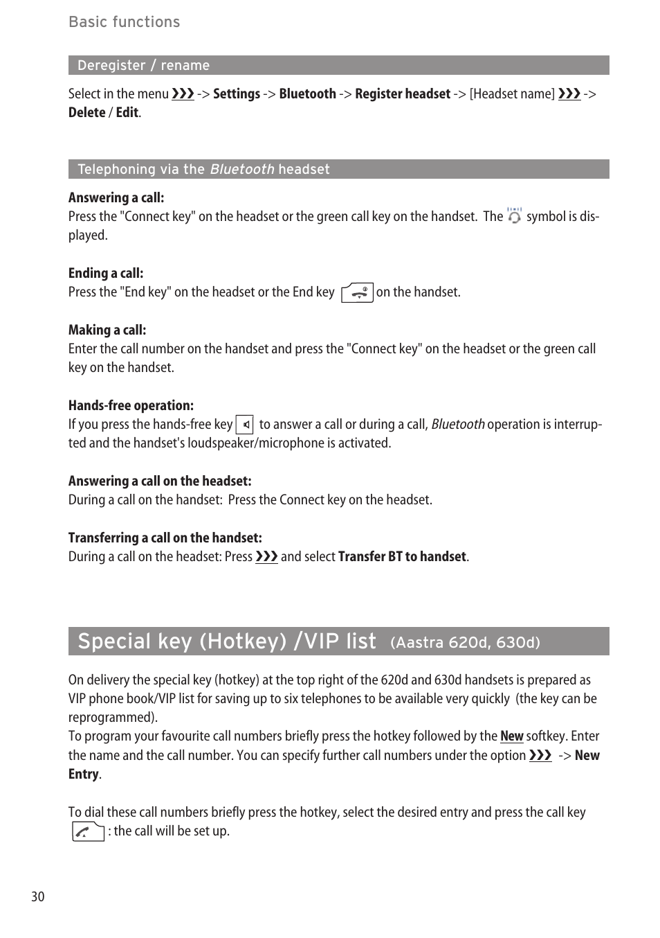 Deregister / rename, Telephoning via the bluetooth headset, Special key (hotkey) /vip list (aastra 620d, 630d) | Special key (hotkey) /vip list | AASTRA 600d (GAP) User Manual EN User Manual | Page 36 / 80