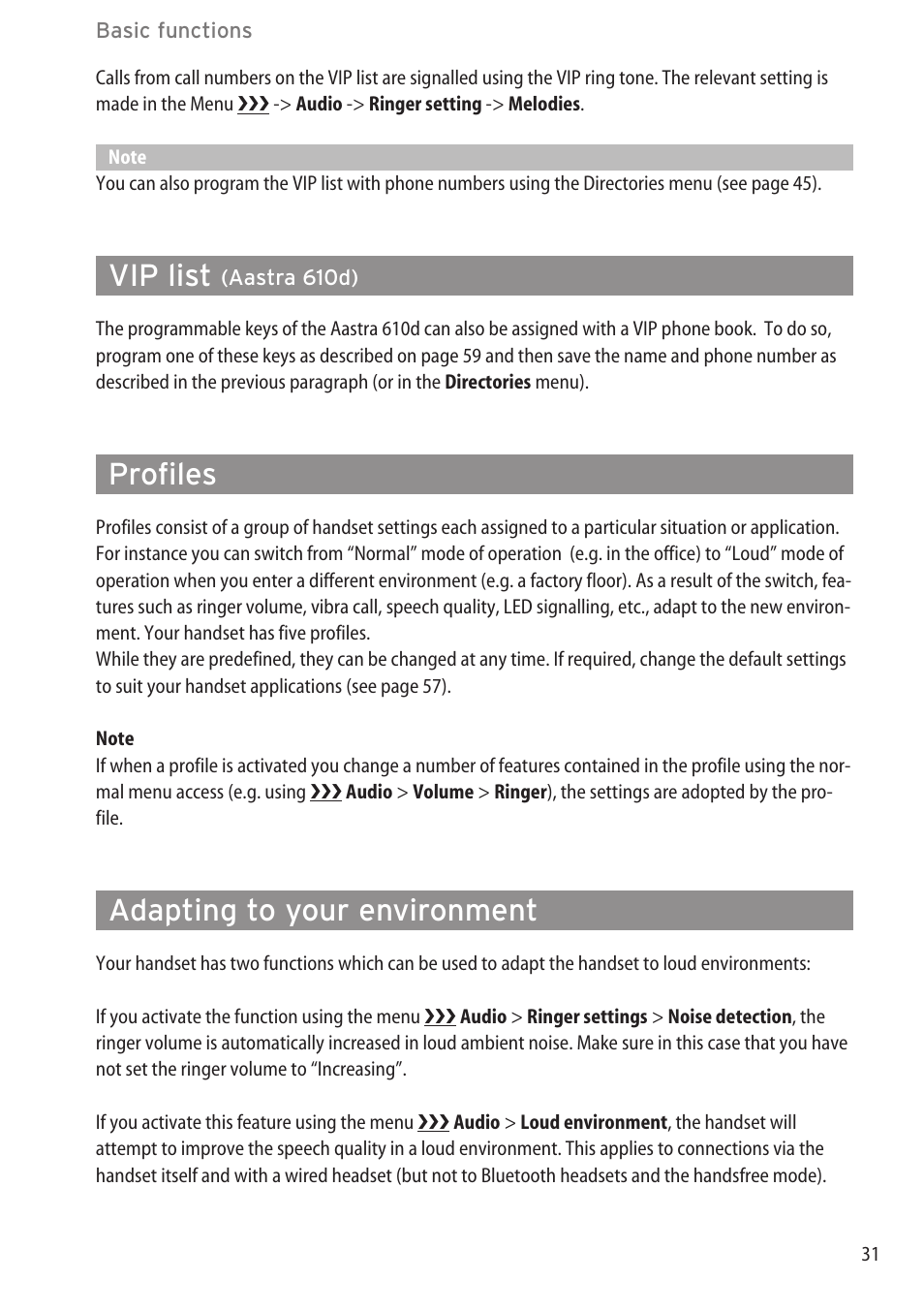 Vip list (aastra 610d), Profiles, Adapting to your environment | Vip list | AASTRA 600d (GAP) User Manual EN User Manual | Page 37 / 80