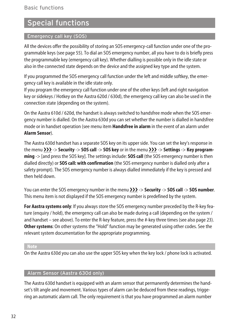 Special functions, Emergency call key (sos), Alarm sensor (aastra 630d only) | Adapting to your environment, Special functions ………………………………………………………………………32 | AASTRA 600d (GAP) User Manual EN User Manual | Page 38 / 80