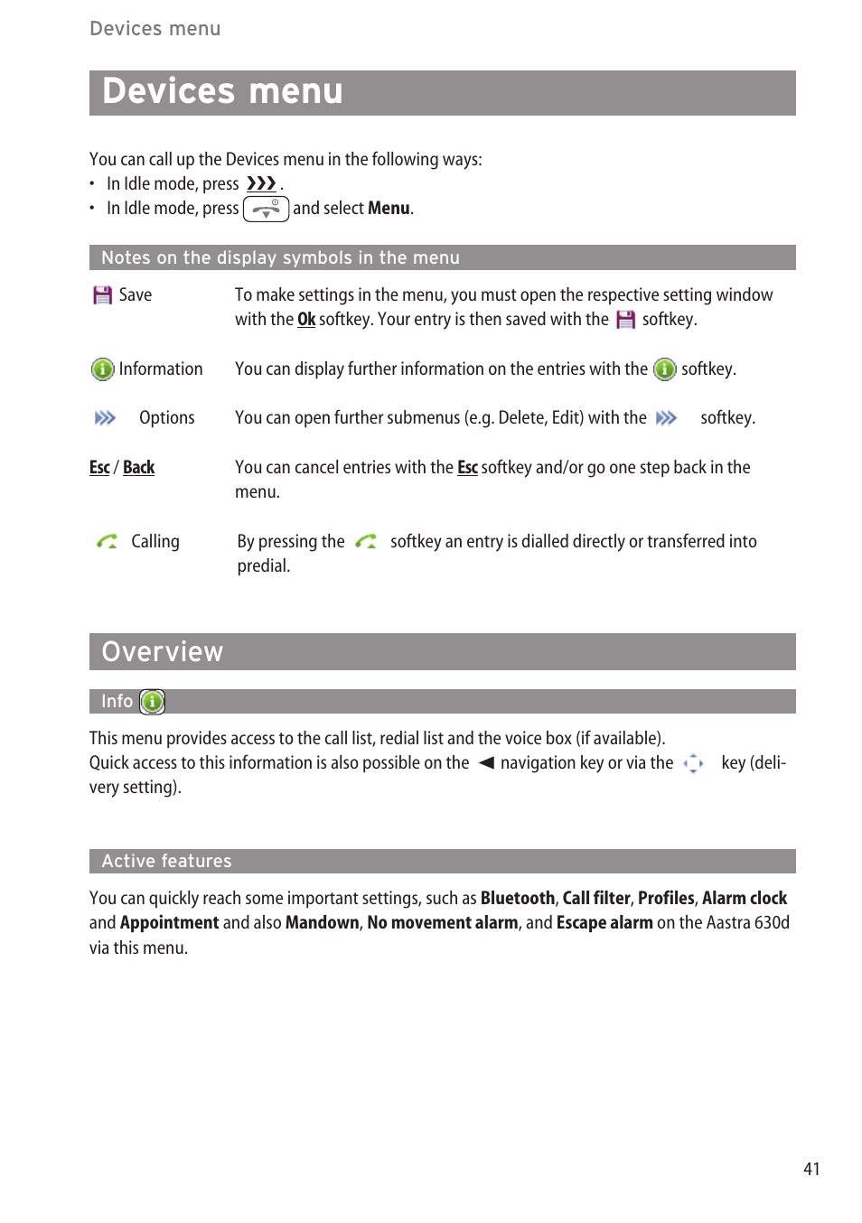 Devices menu, Notes on the display symbols in the menu, Overview | Info, Active features, Overview ………………………………………………………………………………41, Info …………………………………………………………………………………41 | AASTRA 600d (GAP) User Manual EN User Manual | Page 47 / 80