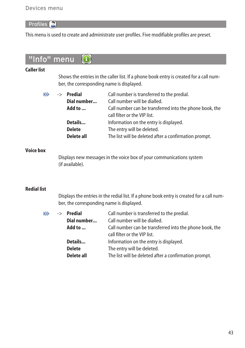 Profiles, Info" menu | AASTRA 600d (GAP) User Manual EN User Manual | Page 49 / 80