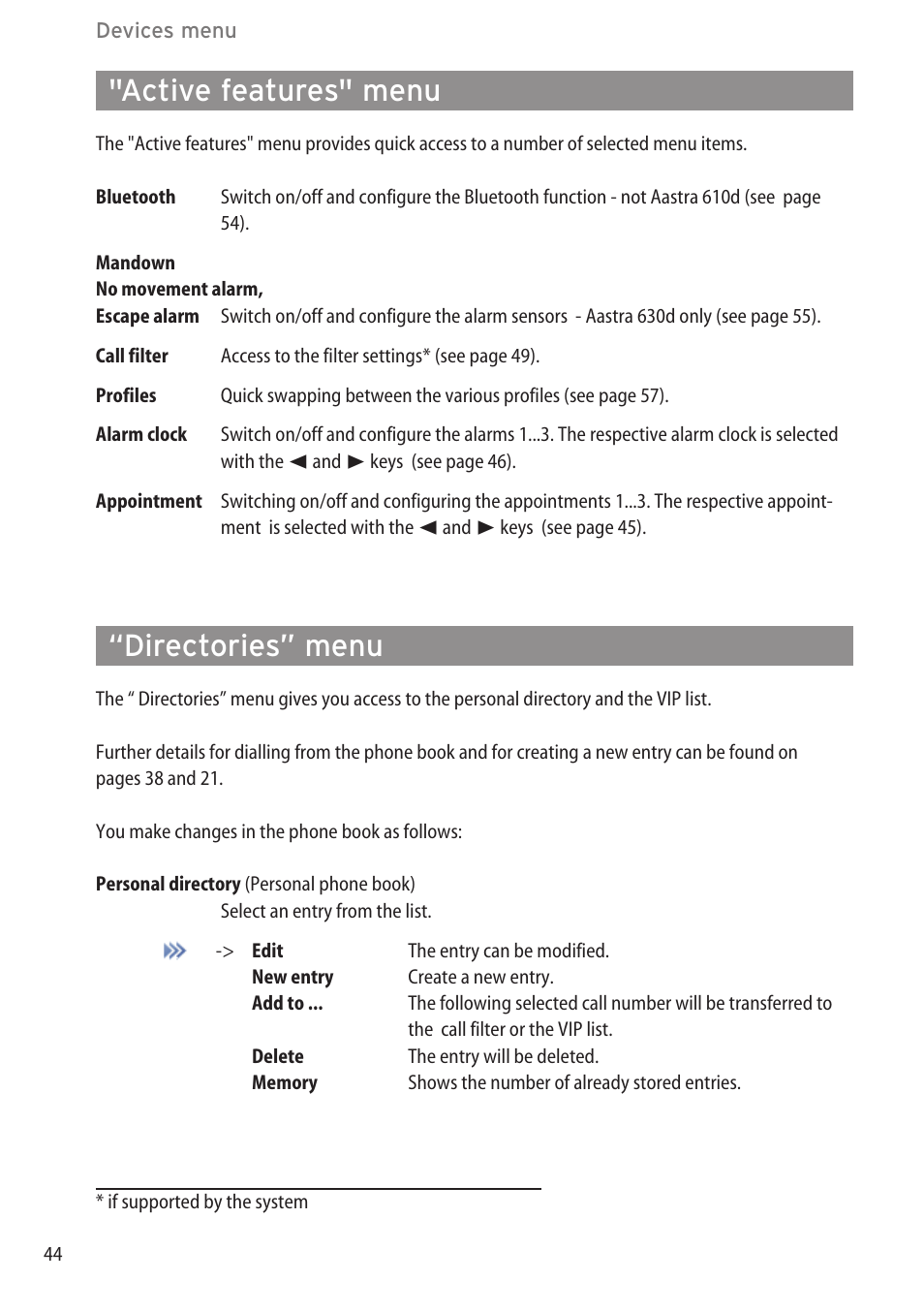 Active features" menu, Directories” menu, Info" menu | Active features" menu …………………………………………………………………44 | AASTRA 600d (GAP) User Manual EN User Manual | Page 50 / 80