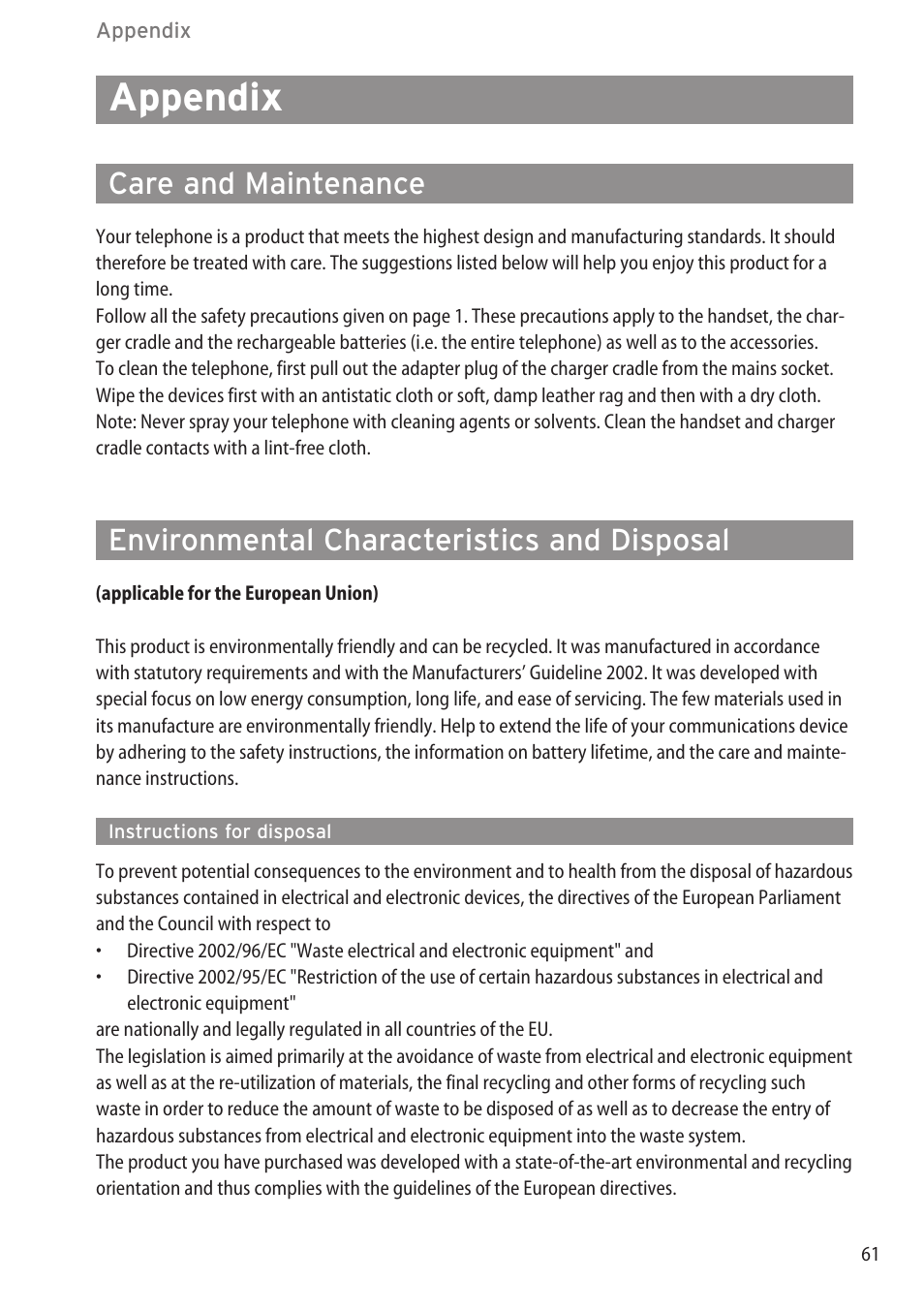 Appendix, Care and maintenance, Environmental characteristics and disposal | Instructions for disposal | AASTRA 600d (GAP) User Manual EN User Manual | Page 67 / 80