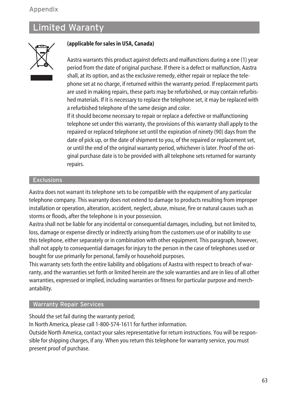Limited waranty, Exclusions, Warranty repair services | Exclusions ……………………………………………………………………………63 | AASTRA 600d (GAP) User Manual EN User Manual | Page 69 / 80