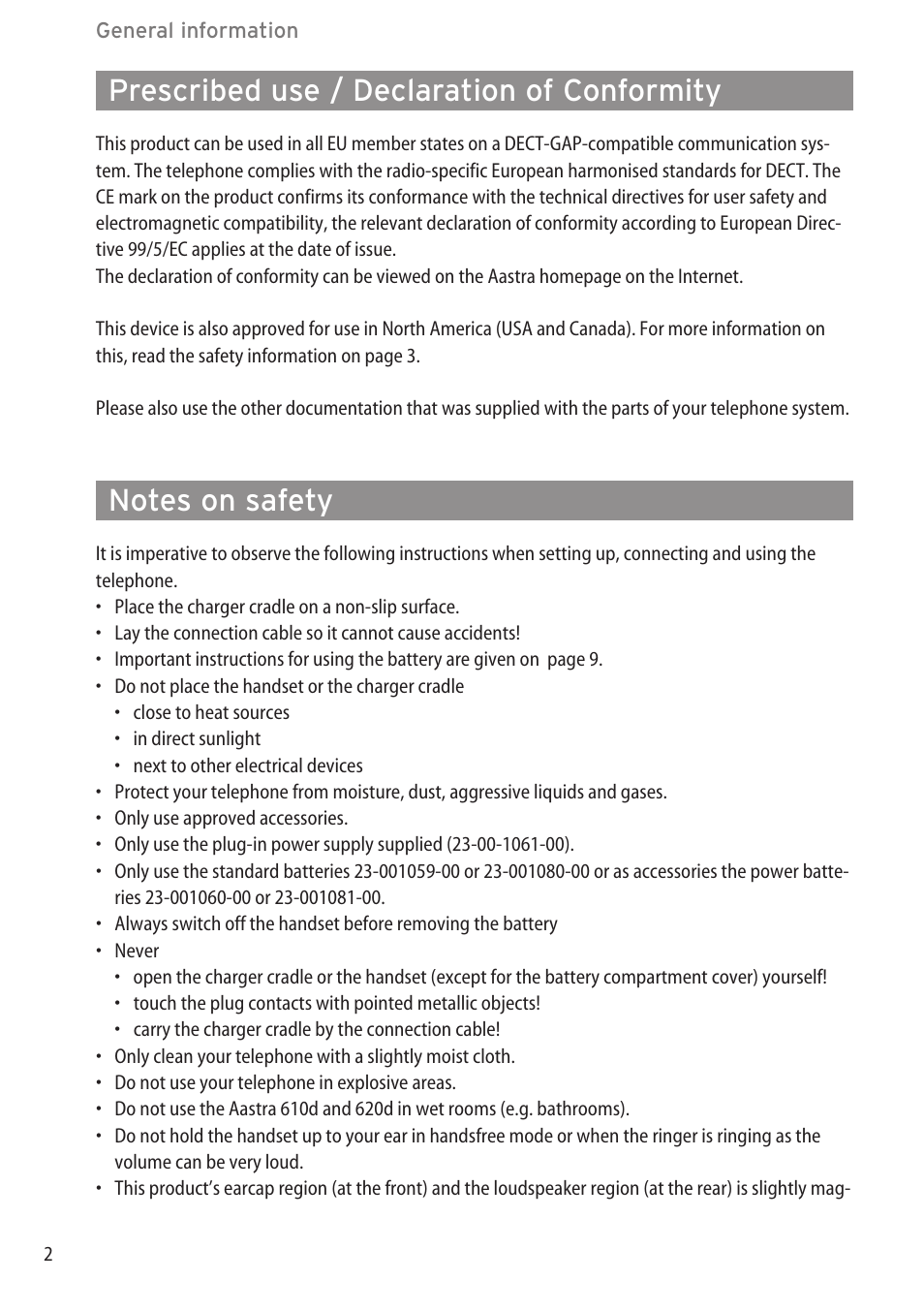 Prescribed use / declaration of conformity, Notes on safety | AASTRA 600d (GAP) User Manual EN User Manual | Page 8 / 80