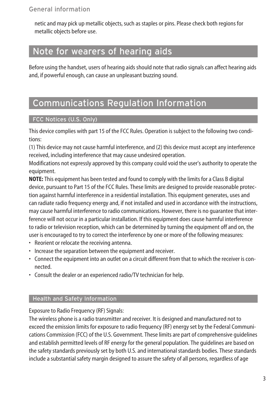 Note for wearers of hearing aids, Communications regulation information, Fcc notices (u.s. only) | Health and safety information, Fcc notices (u.s. only) …………………………………………………………………3 | AASTRA 600d (GAP) User Manual EN User Manual | Page 9 / 80