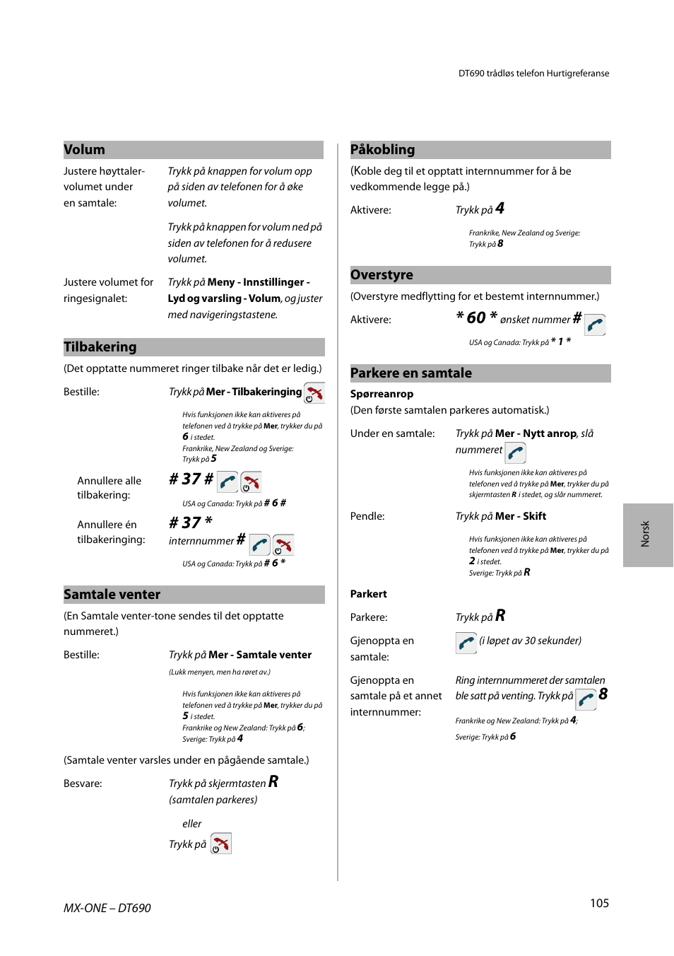 Volum, Tilbakering, Samtale venter | Påkobling, Overstyre, Parkere en samtale | AASTRA DT690 for MX-ONE Quick Reference Guide User Manual | Page 105 / 168