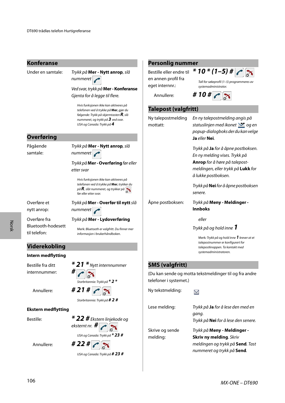 Konferanse, Overføring, Viderekobling | Personlig nummer, Talepost (valgfritt), Sms (valgfritt) | AASTRA DT690 for MX-ONE Quick Reference Guide User Manual | Page 106 / 168