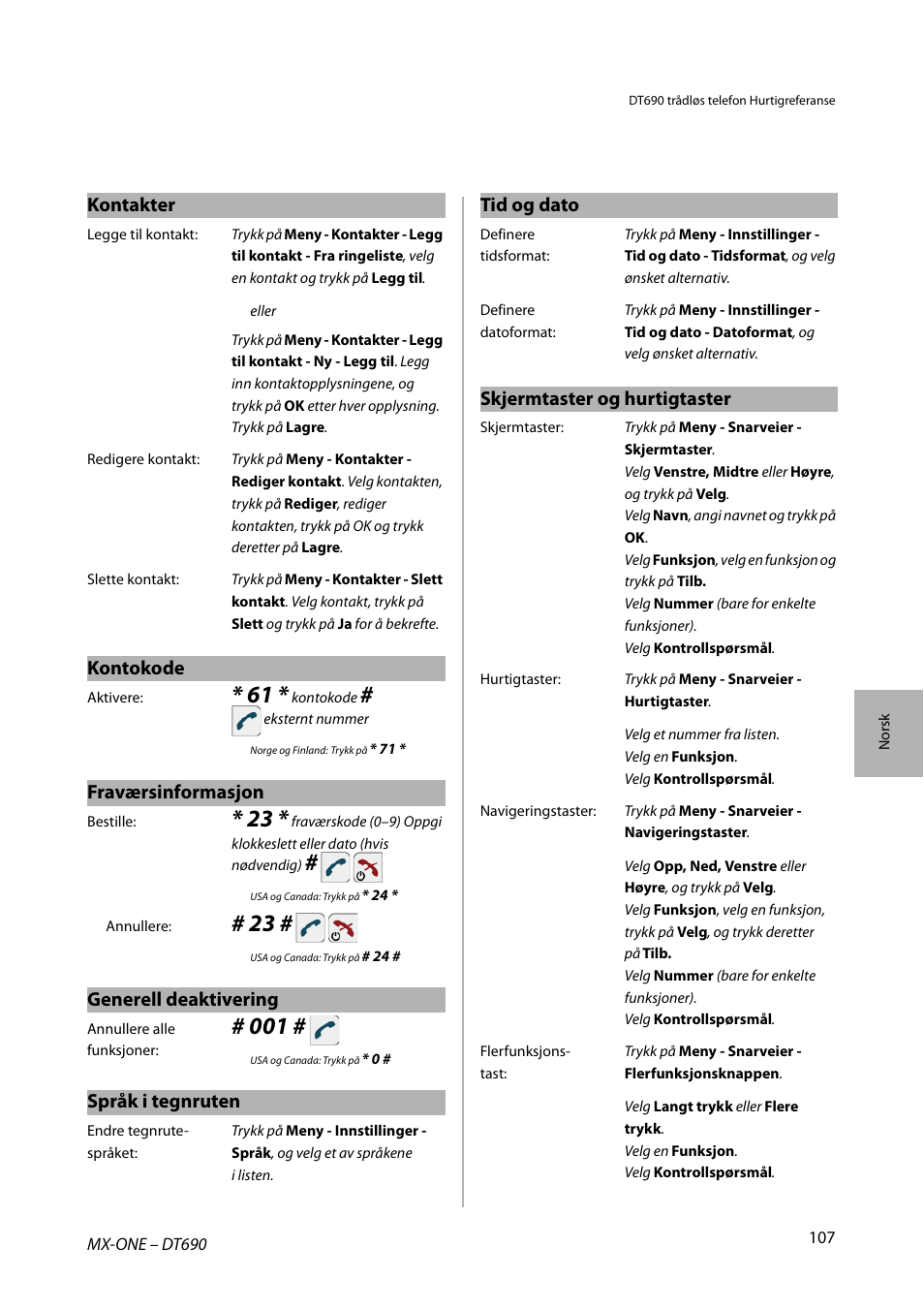 Kontakter, Kontokode, Fraværsinformasjon | Generell deaktivering, Språk i tegnruten, Tid og dato, Skjermtaster og hurtigtaster | AASTRA DT690 for MX-ONE Quick Reference Guide User Manual | Page 107 / 168