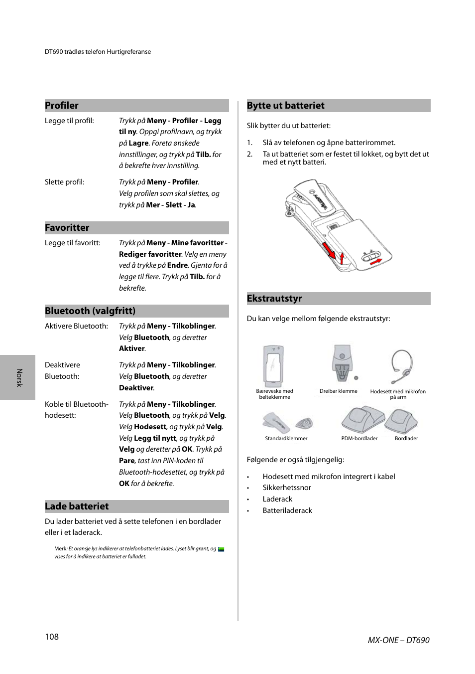 Profiler, Favoritter, Bluetooth (valgfritt) | Lade batteriet, Bytte ut batteriet, Ekstrautstyr | AASTRA DT690 for MX-ONE Quick Reference Guide User Manual | Page 108 / 168