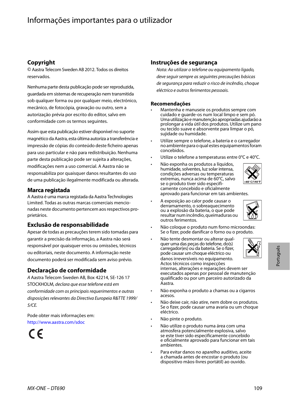 Informações importantes para o utilizador, Português, Copyright | Marca registada, Exclusão de responsabilidade, Declaração de conformidade, Instruções de segurança | AASTRA DT690 for MX-ONE Quick Reference Guide User Manual | Page 109 / 168