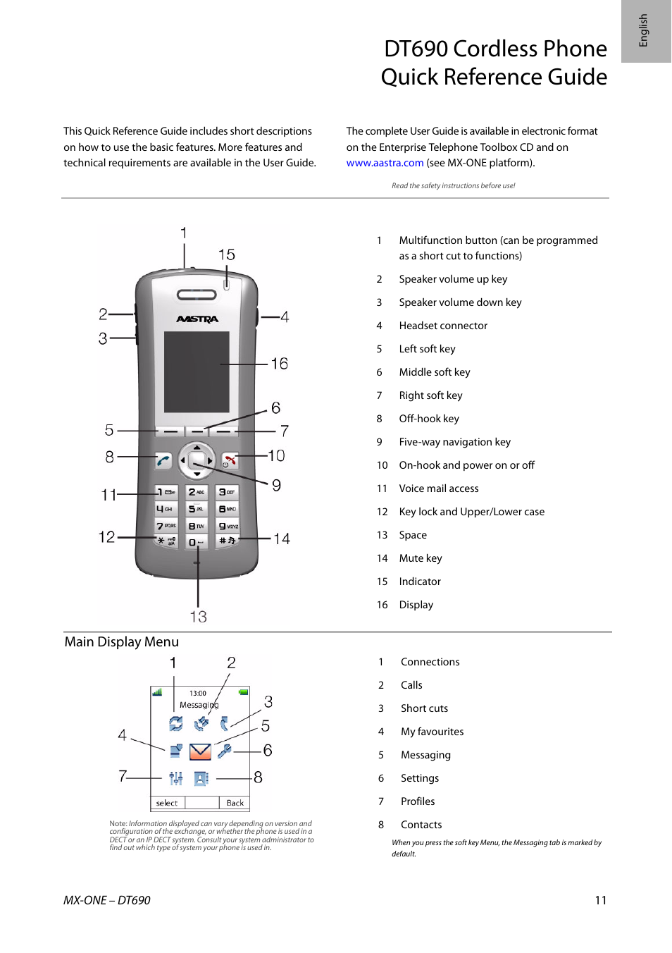 Dt690 cordless phone quick reference guide, Main display menu | AASTRA DT690 for MX-ONE Quick Reference Guide User Manual | Page 11 / 168