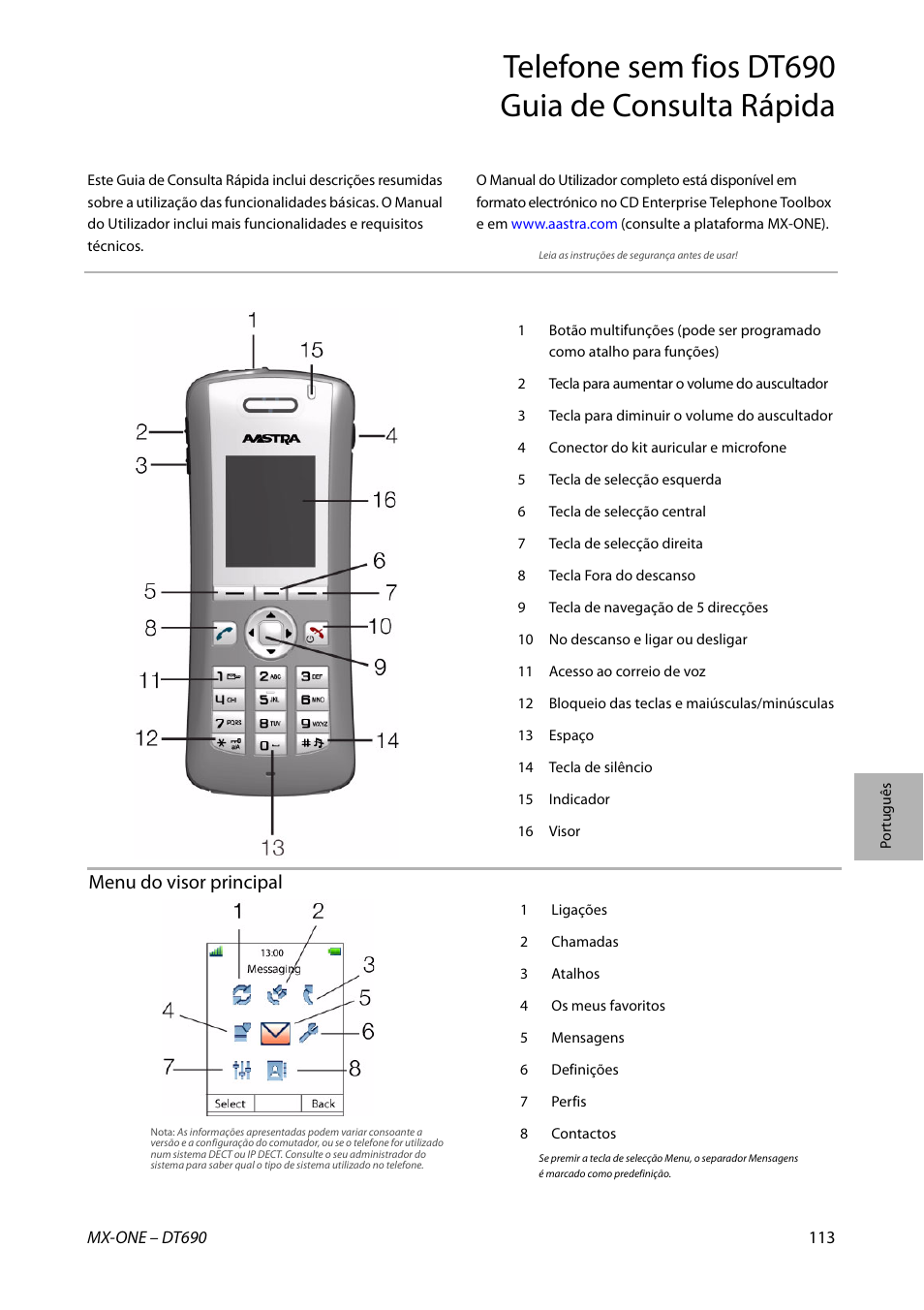 Telefone sem fios dt690 guia de consulta rápida, Menu do visor principal | AASTRA DT690 for MX-ONE Quick Reference Guide User Manual | Page 113 / 168