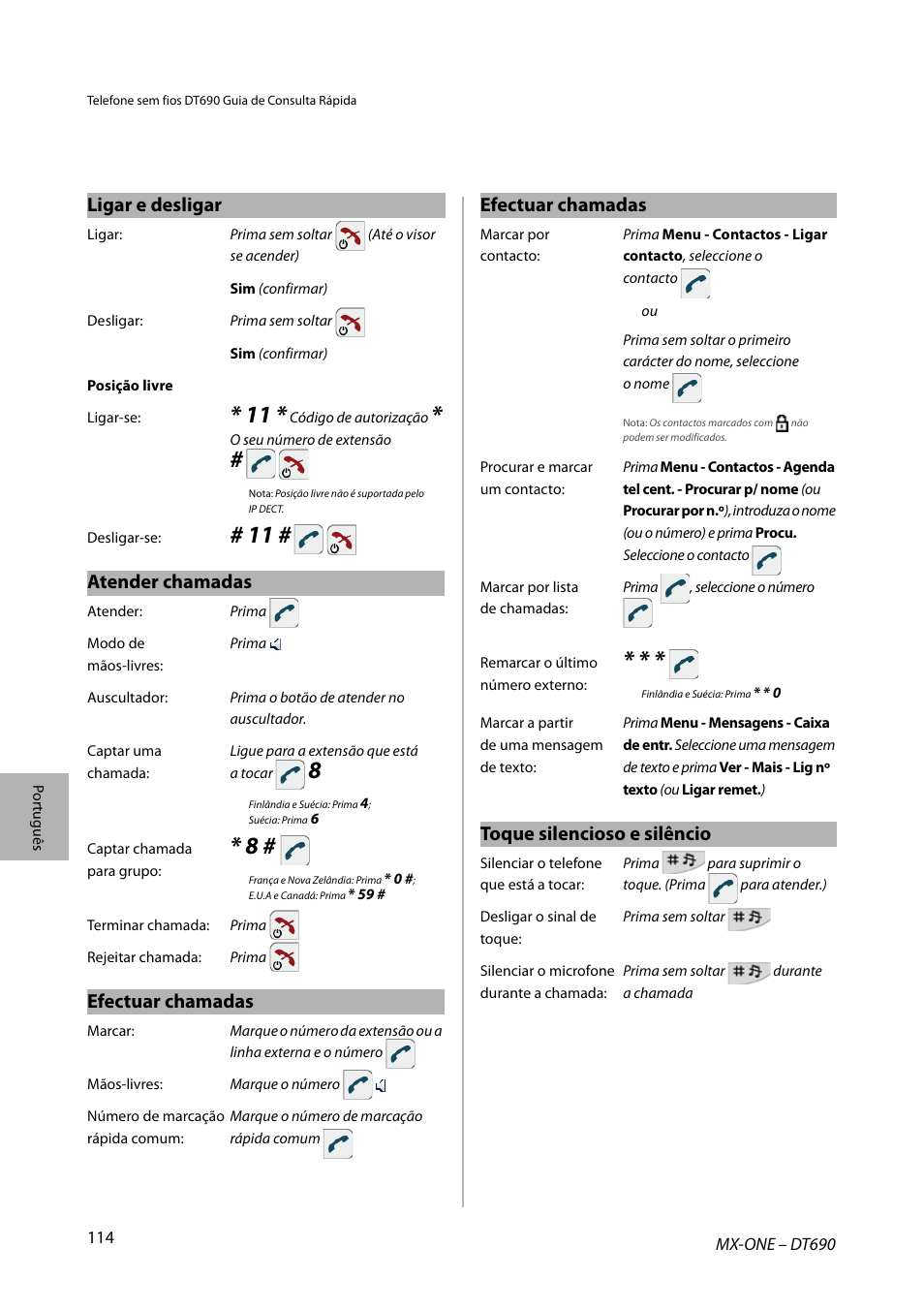 Ligar e desligar, Atender chamadas, Efectuar chamadas | Toque silencioso e silêncio | AASTRA DT690 for MX-ONE Quick Reference Guide User Manual | Page 114 / 168