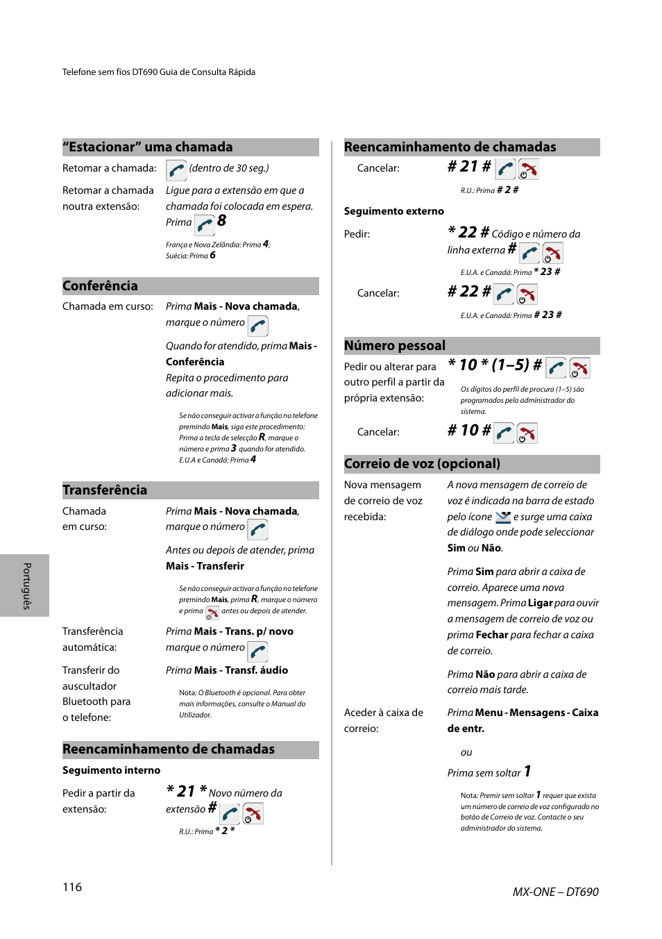 Conferência, Transferência, Reencaminhamento de chamadas | Estacionar” uma chamada, Número pessoal, Correio de voz (opcional) | AASTRA DT690 for MX-ONE Quick Reference Guide User Manual | Page 116 / 168