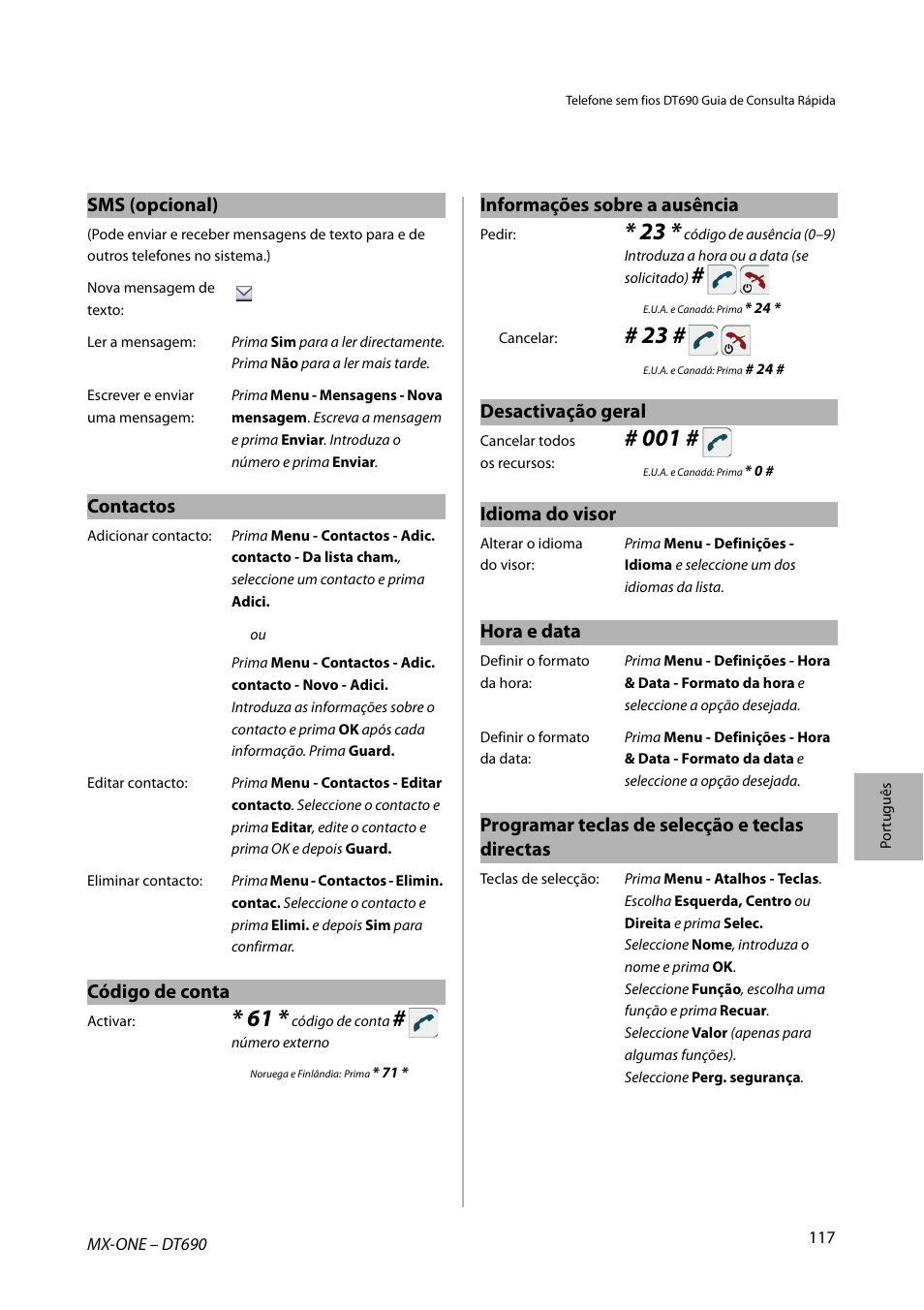 Sms (opcional), Contactos, Código de conta | Informações sobre a ausência, Desactivação geral, Idioma do visor, Hora e data, Programar teclas de selecção e teclas directas | AASTRA DT690 for MX-ONE Quick Reference Guide User Manual | Page 117 / 168