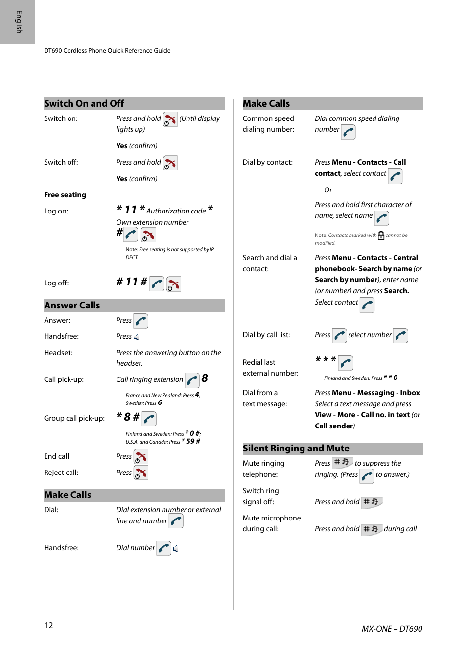 Switch on and off, Answer calls, Make calls | Silent ringing and mute | AASTRA DT690 for MX-ONE Quick Reference Guide User Manual | Page 12 / 168