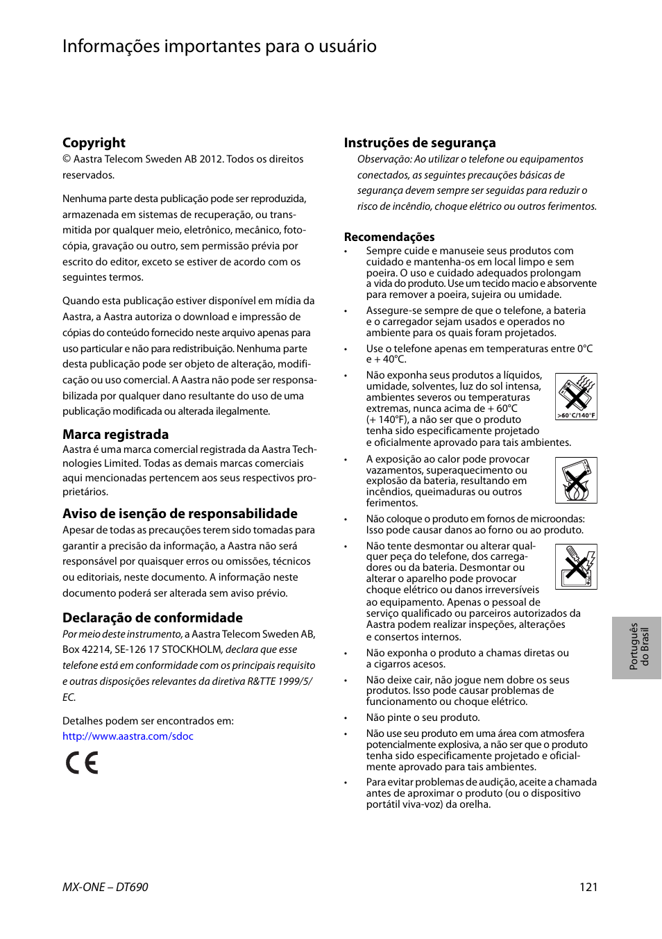 Informações importantes para o usuário, Português do brasil, Copyright | Marca registrada, Aviso de isenção de responsabilidade, Declaração de conformidade, Instruções de segurança | AASTRA DT690 for MX-ONE Quick Reference Guide User Manual | Page 121 / 168