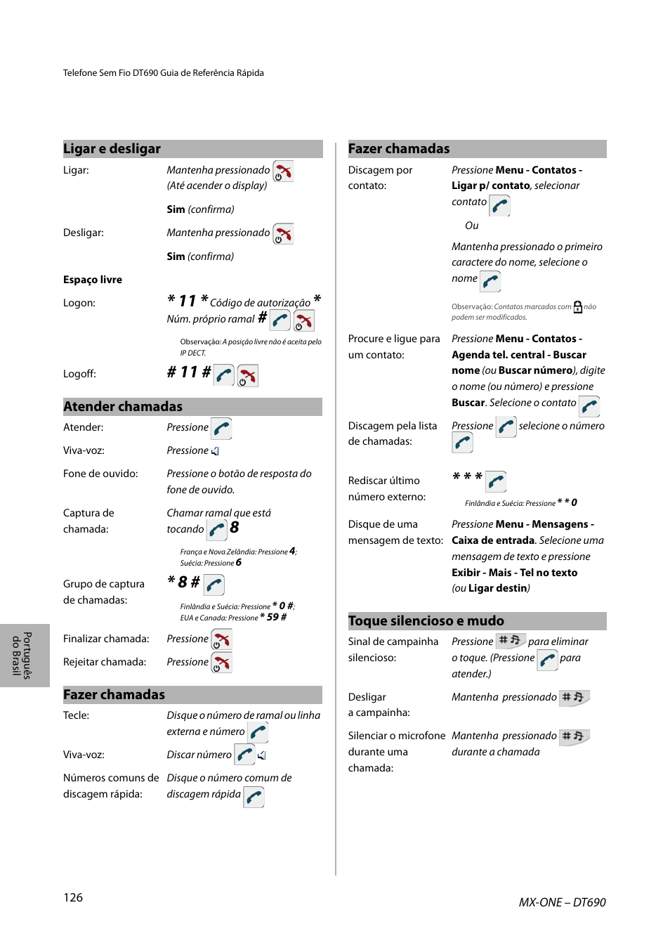 Ligar e desligar, Atender chamadas, Fazer chamadas | Toque silencioso e mudo | AASTRA DT690 for MX-ONE Quick Reference Guide User Manual | Page 126 / 168