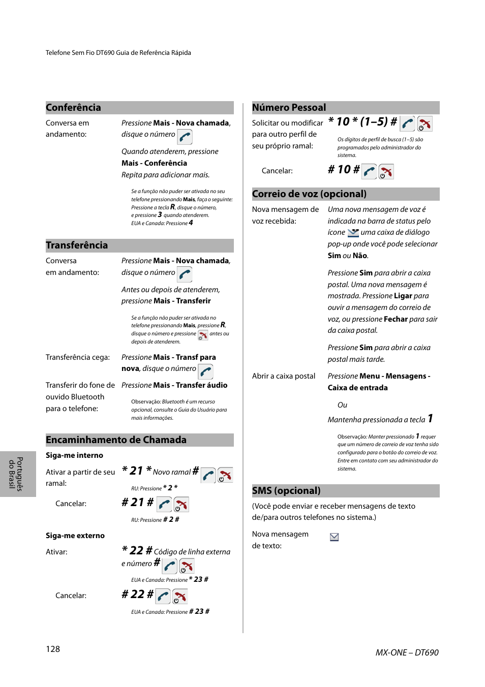 Conferência, Transferência, Encaminhamento de chamada | Número pessoal, Correio de voz (opcional), Sms (opcional) | AASTRA DT690 for MX-ONE Quick Reference Guide User Manual | Page 128 / 168