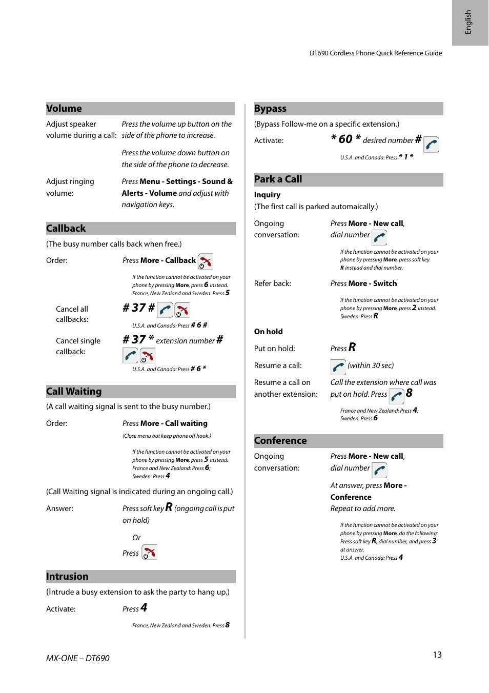 Volume, Callback, Call waiting | Intrusion, Bypass, Park a call, Conference | AASTRA DT690 for MX-ONE Quick Reference Guide User Manual | Page 13 / 168